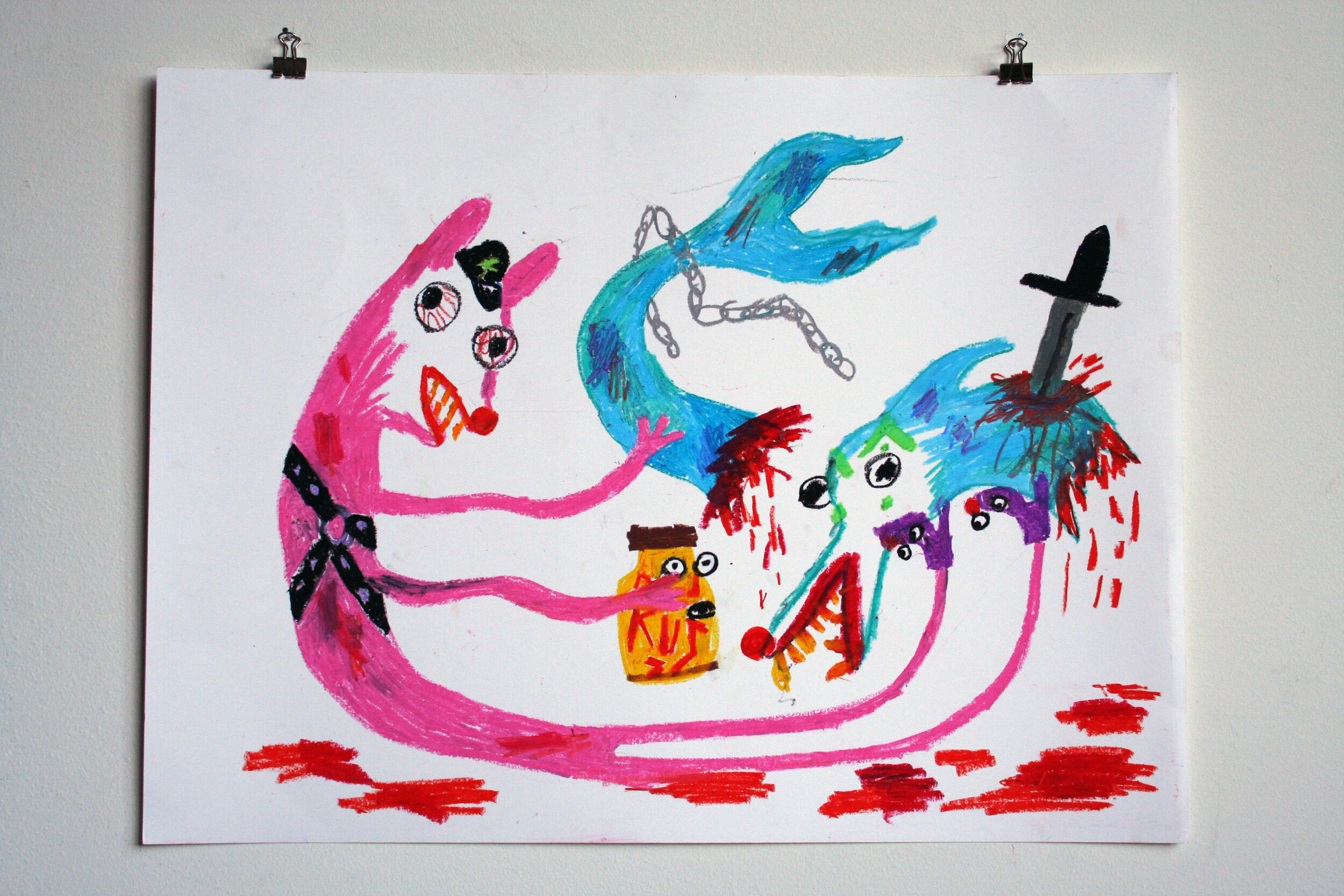   The Pleather Puppy Ripped the Dolphin Witch in Half , 2014  18 x 24 inches (45.72 x 60.96 cm.)  Oil pastel on paper 