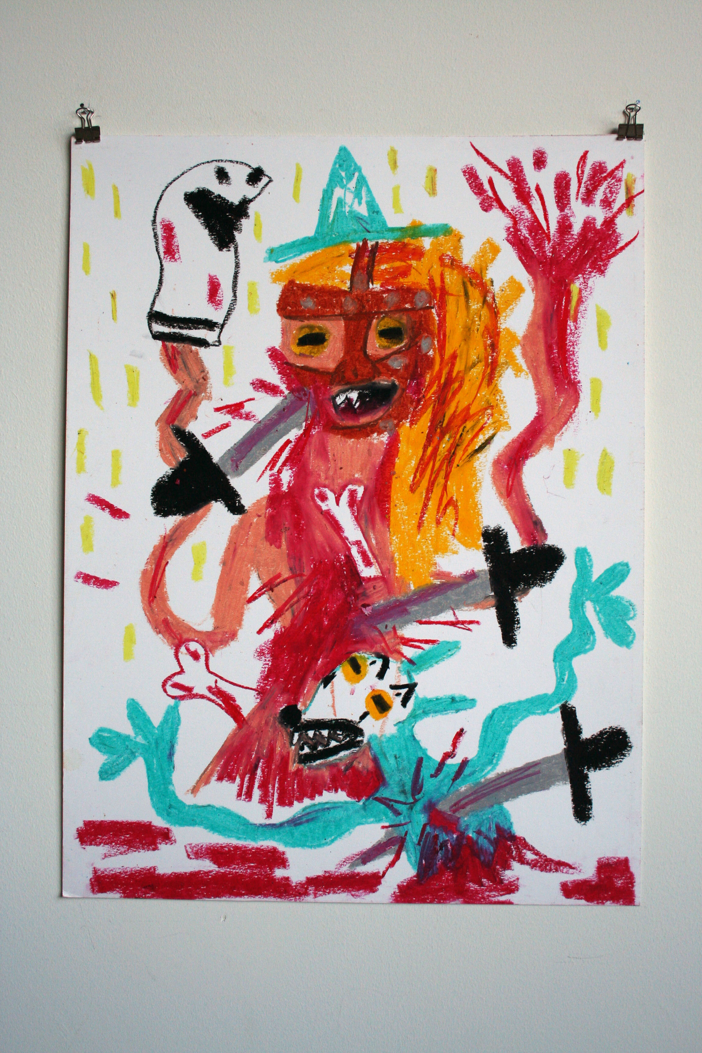   The Blonde Mankind and Mr. Socko,  2015  24 x 18 inches (60.96 x 45.72 cm.)  Oil pastel on paper 