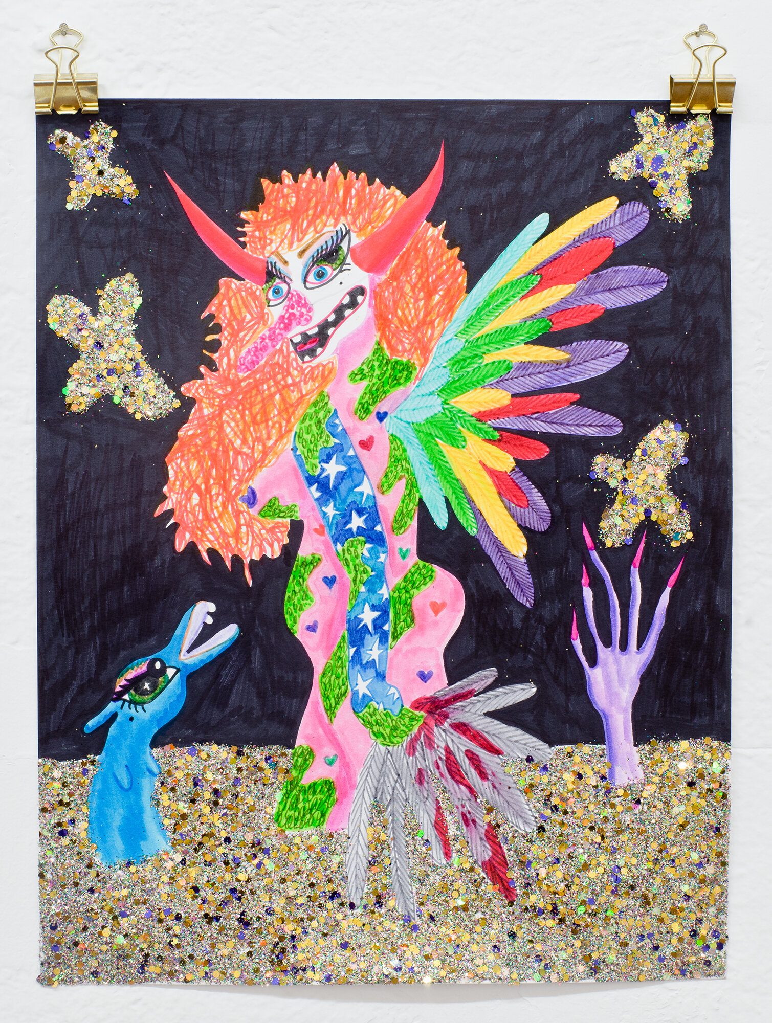   Ripped Wings,  2017  14 x 11 Inches (35.56 x 27.94 cm.)  Colored marker and glitter on paper 