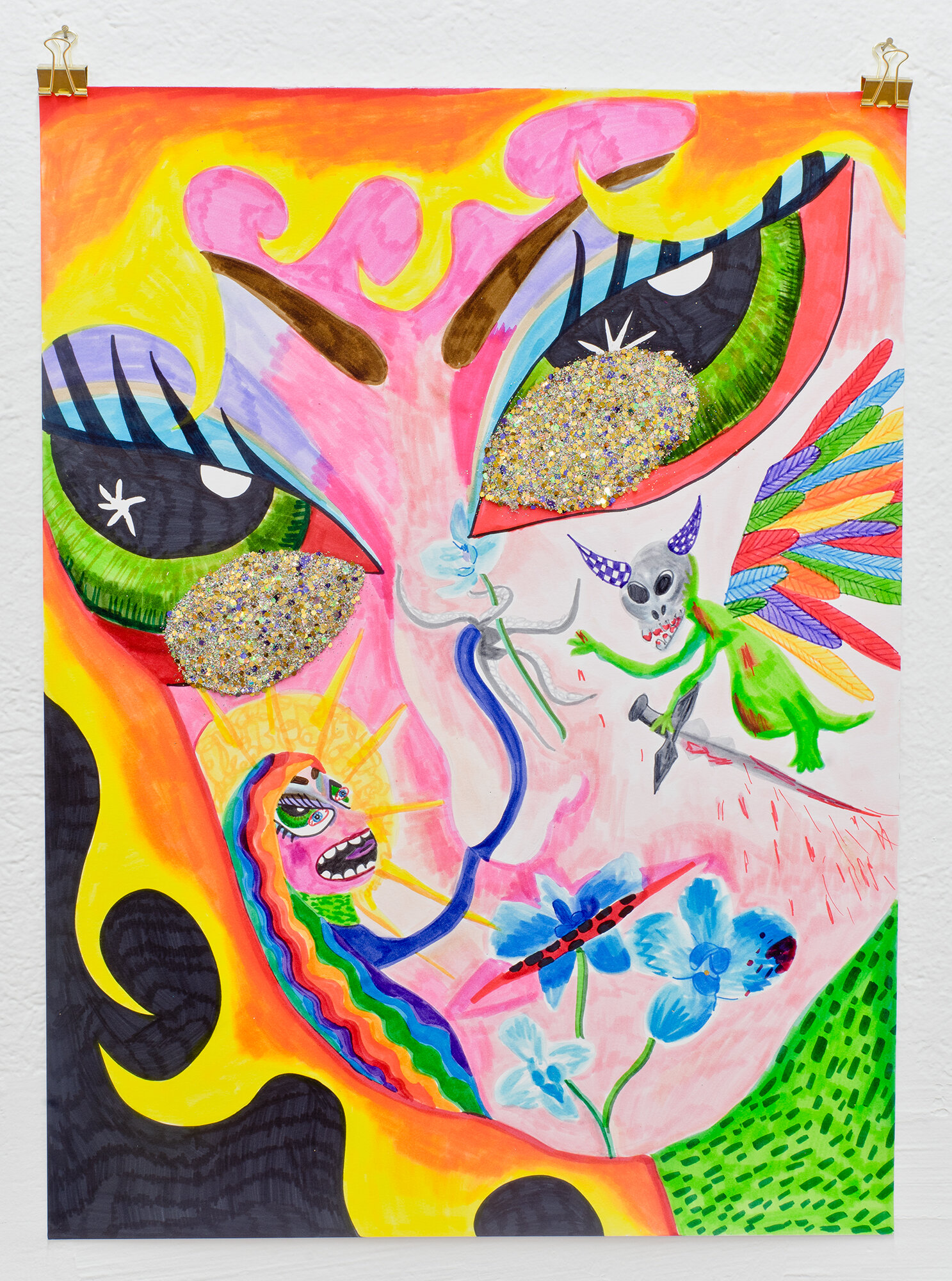   The Monster Wore Annunciation Face Paint,  2017   24 x 18 inches (60.96 x 45.72 cm.)  Colored marker and glitter on paper 