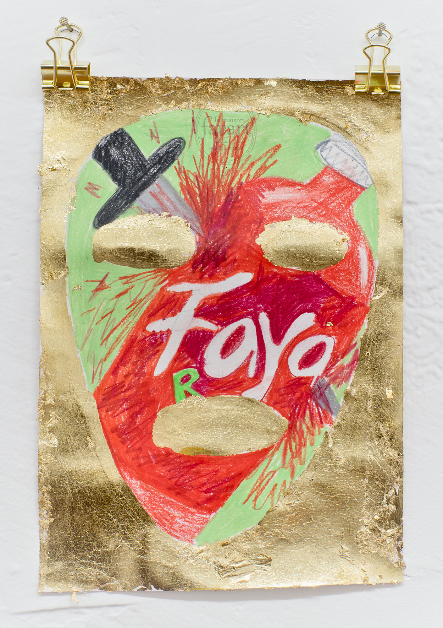   Stabbed Faygo Mask,  2017  8.25 x 6 inches (20.95 x 15.24 cm.)  Colored pencil and gilt on hotel stationary  