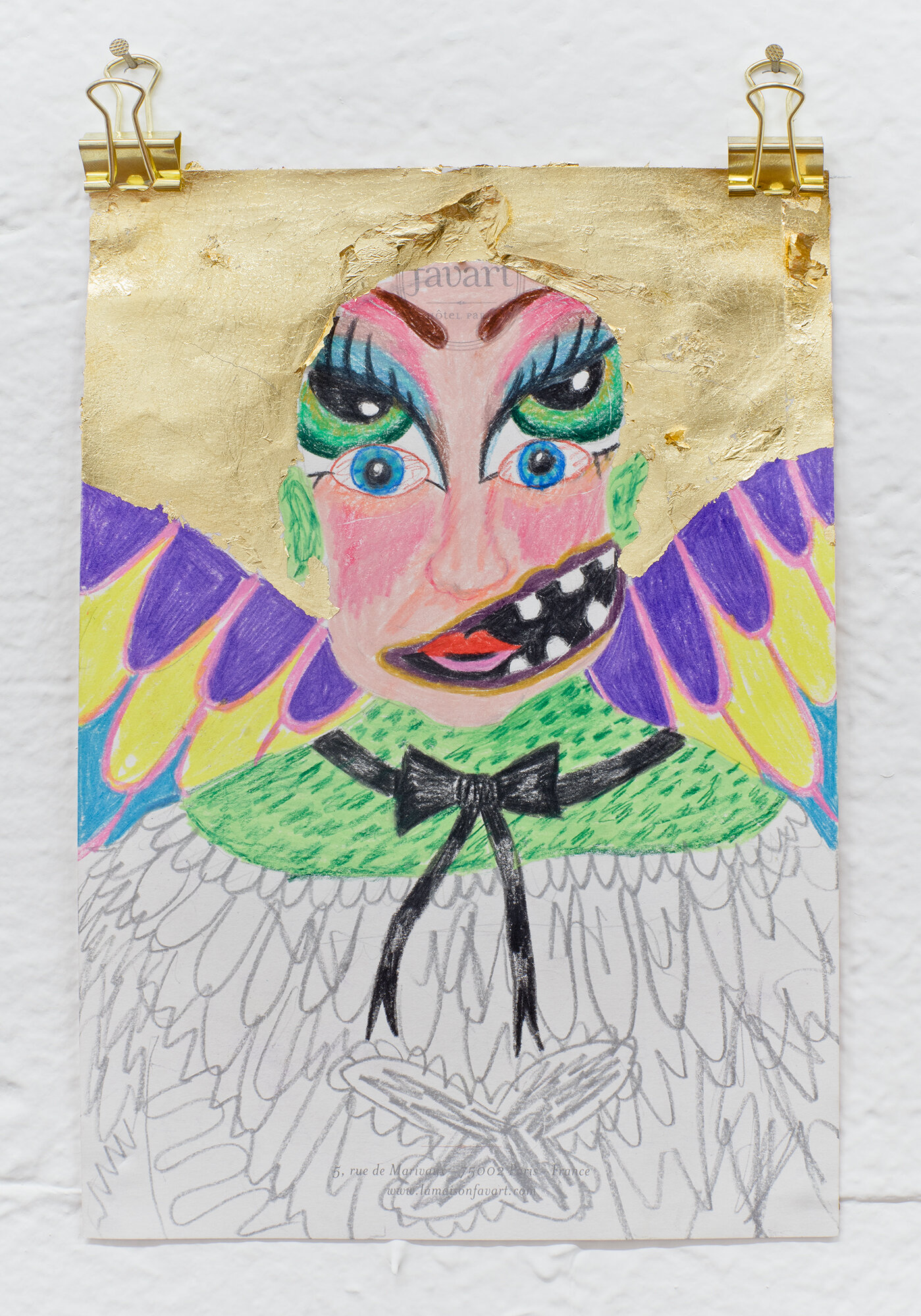   Angel Baby Bratz,  2017  8.25 x 6 inches (20.95 x 15.24 cm.)  Colored pencil and gilt on hotel stationary 8.25 x 6 inches  Private collection 