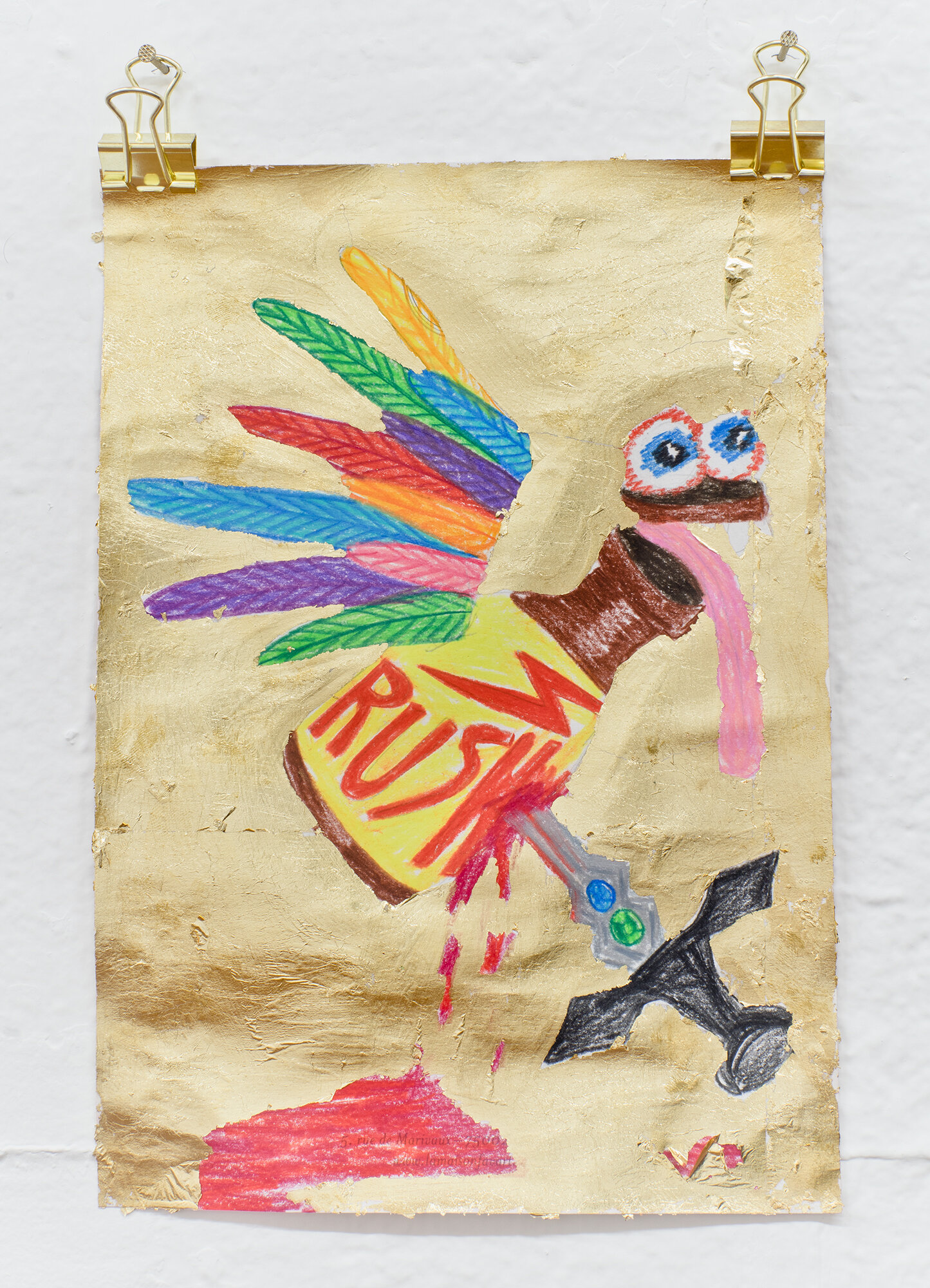   Stabbed Angel Poppers Puppet , 2017   8.25 x 6 inches (20.95 x 15.24 cm.)  Colored pencil and gilt on hotel stationary 