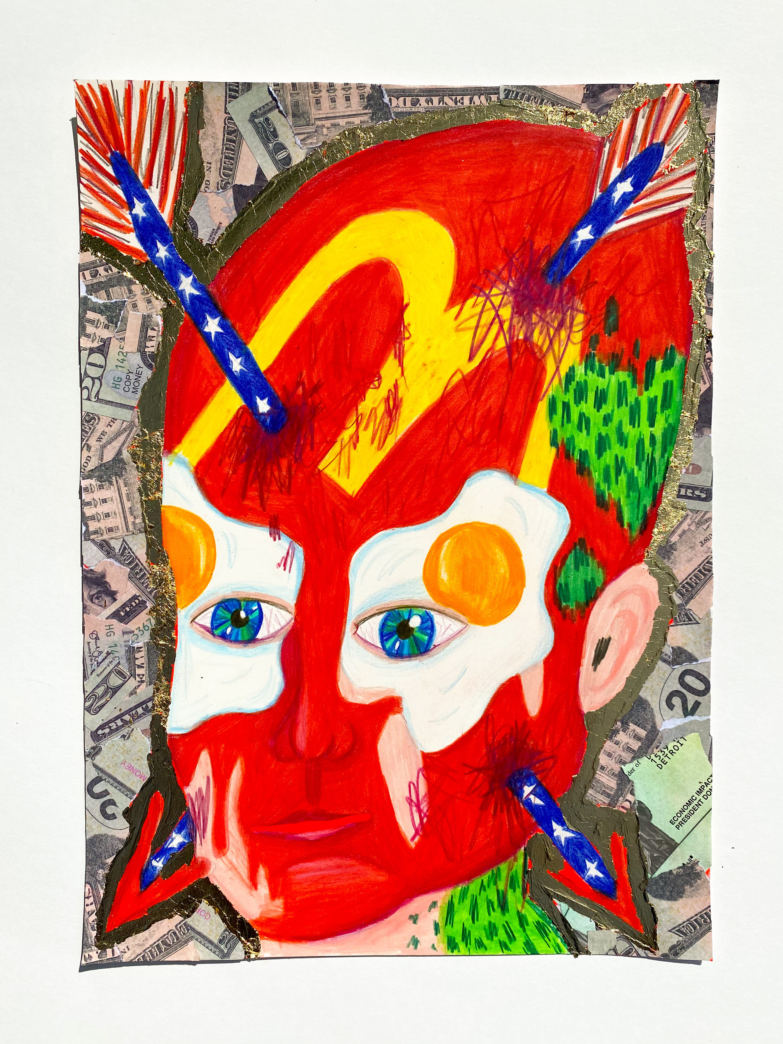  Baby with McDonald’s Face Paint and Fried Egg Eyes, 2020  14 x 10 inches (35.56 x 25.4 cm.)  Colored pencil, Modge Podge, fake money, stimulus check, acrylic paint, and gold leaf on paper  Private Collection, Detroit 