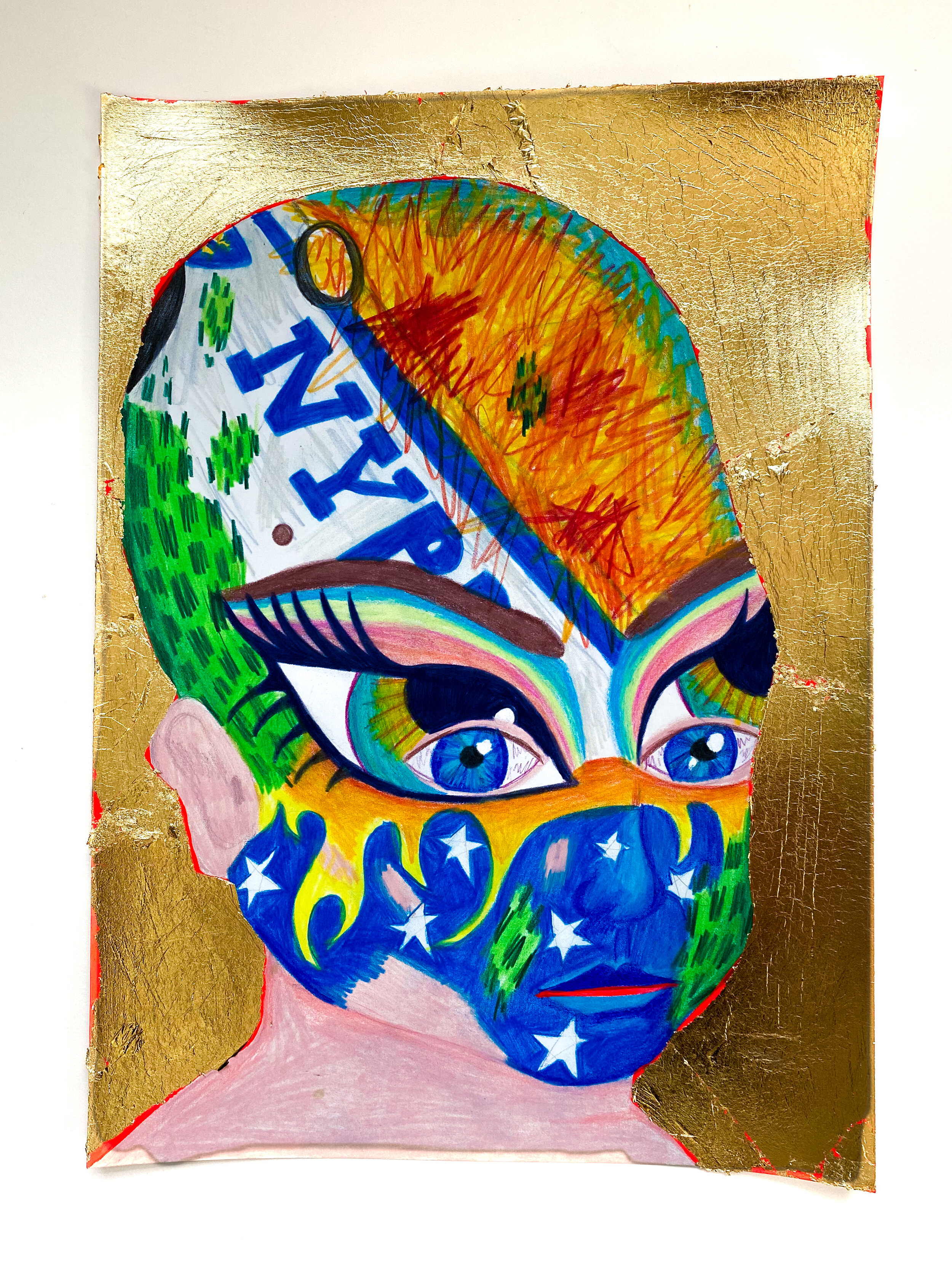   Radical Content,  2020  14 x 10 inches (35.56 x 25.4 cm.)  Colored pencil, gold leaf, and acrylic paint on paper  Private collection, Miami, FL 