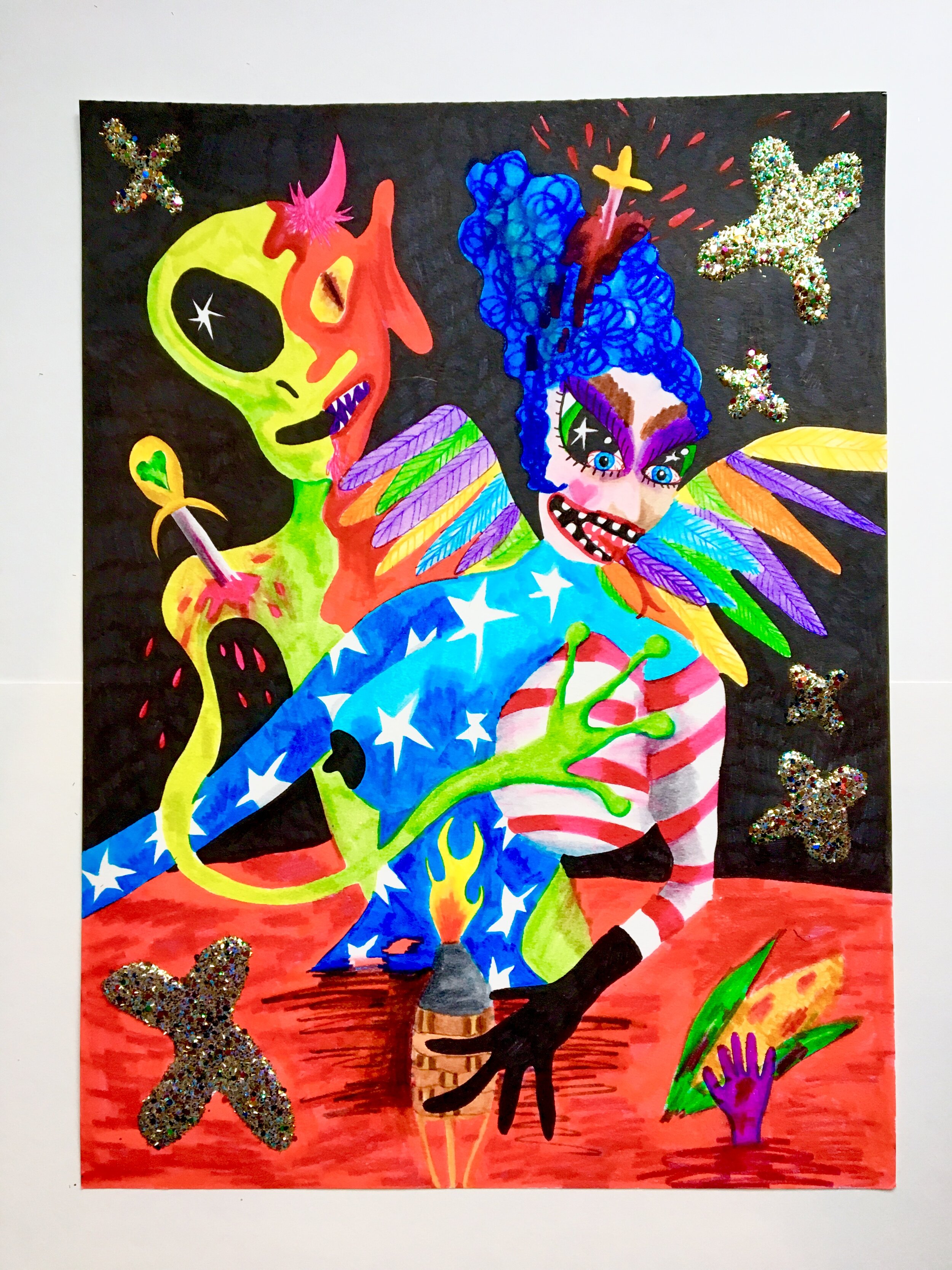   Alien/Devil ,  2017  24 x 18 inches (60.96 x 45.72 cm.)  Markers and glitter on paper 