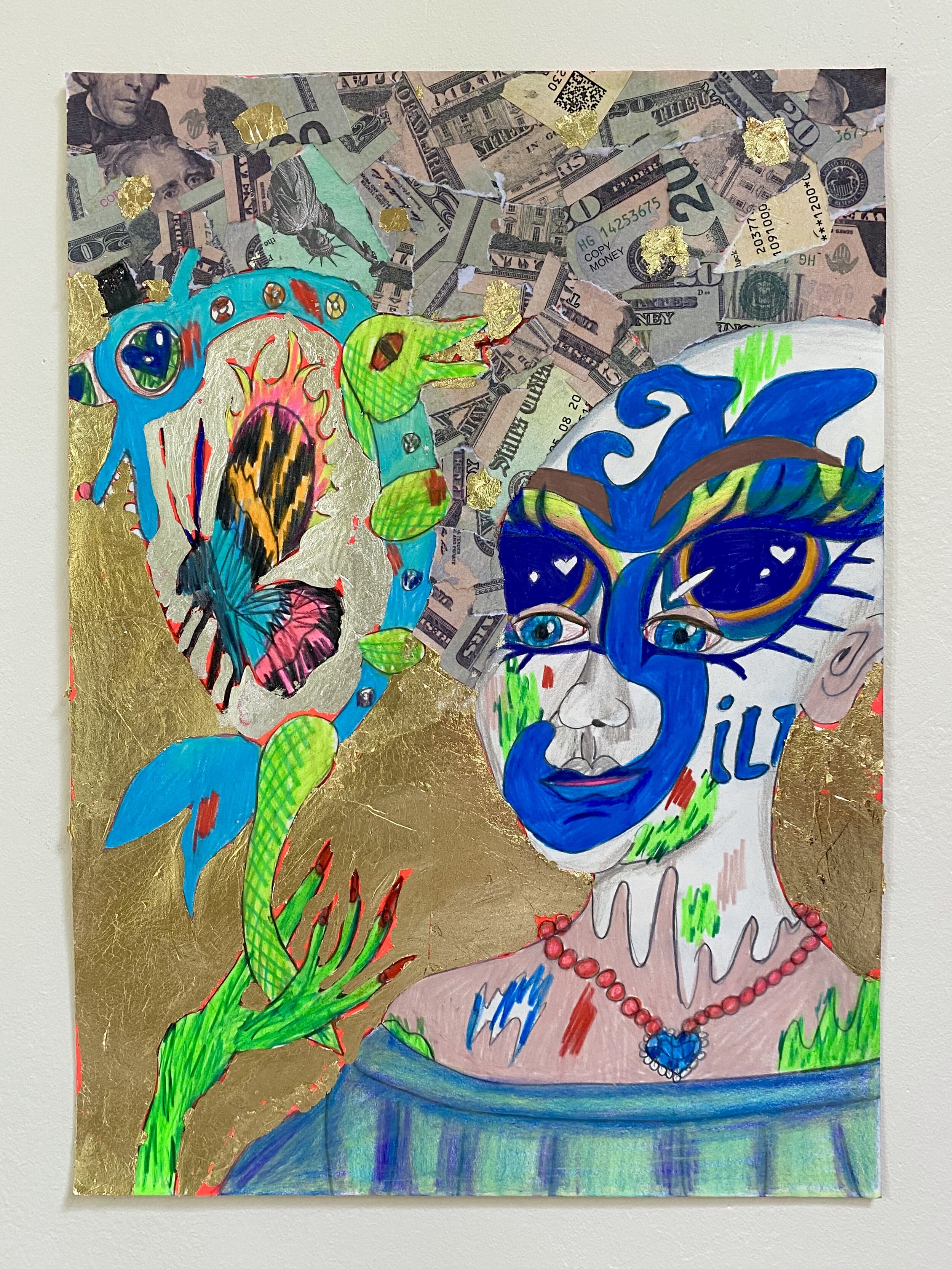   My Pillow Face Paint and Magic Mirror,  2020  14 x 10 inches (35.56 x 25.4 cm.)  Colored pencil, acrylic paint, Modge Podge, fake money, gold leaf, stimulus check on paper  Private Collection, Los Angeles  