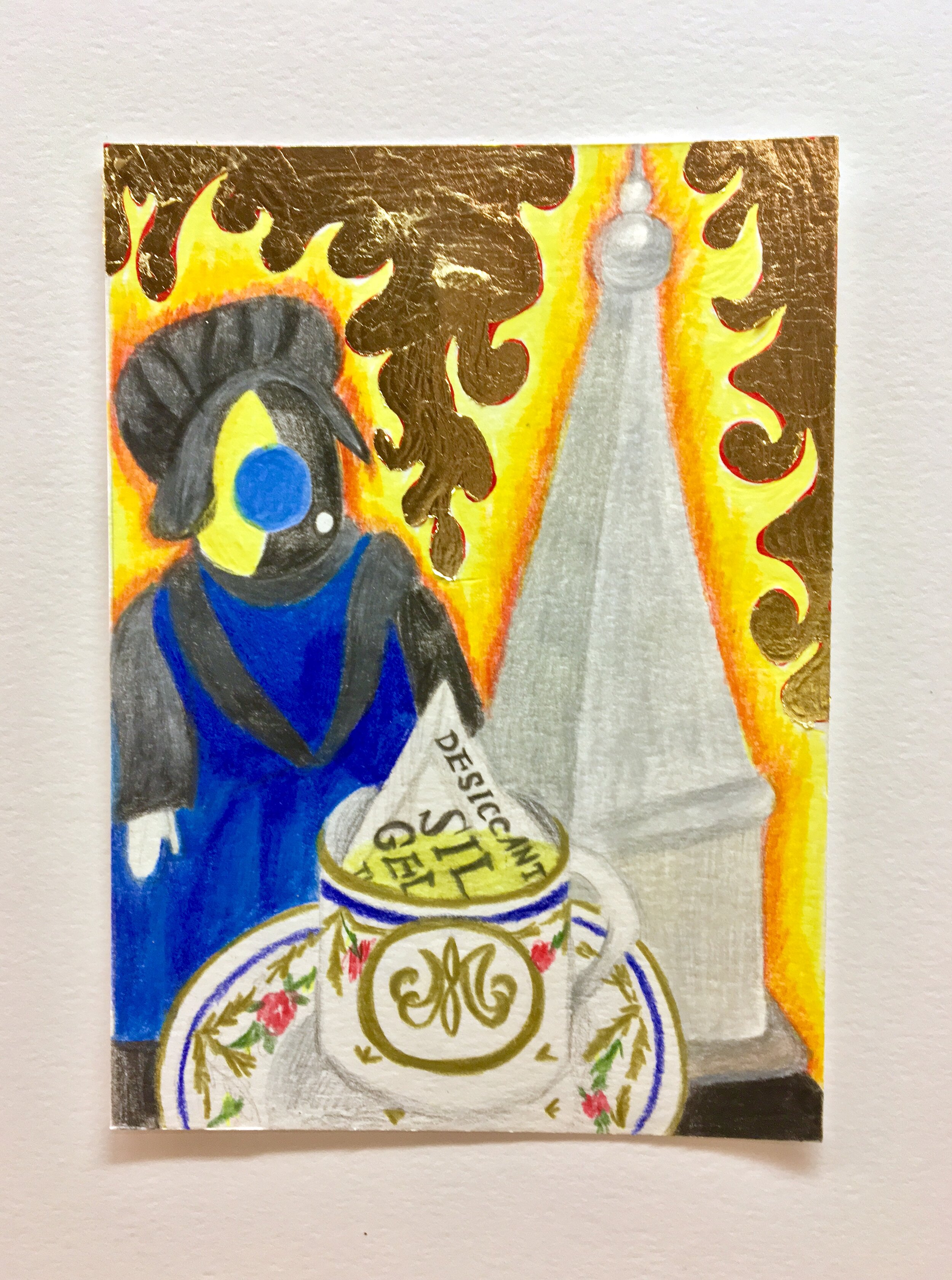   Amish Doll with Burning Monument and Marie Antoinette’s Tea Cup,  2018  8 x 6 inches (20.32 x 15.24 cm.)  Colored pencil and gold leaf on paper  Private collection 
