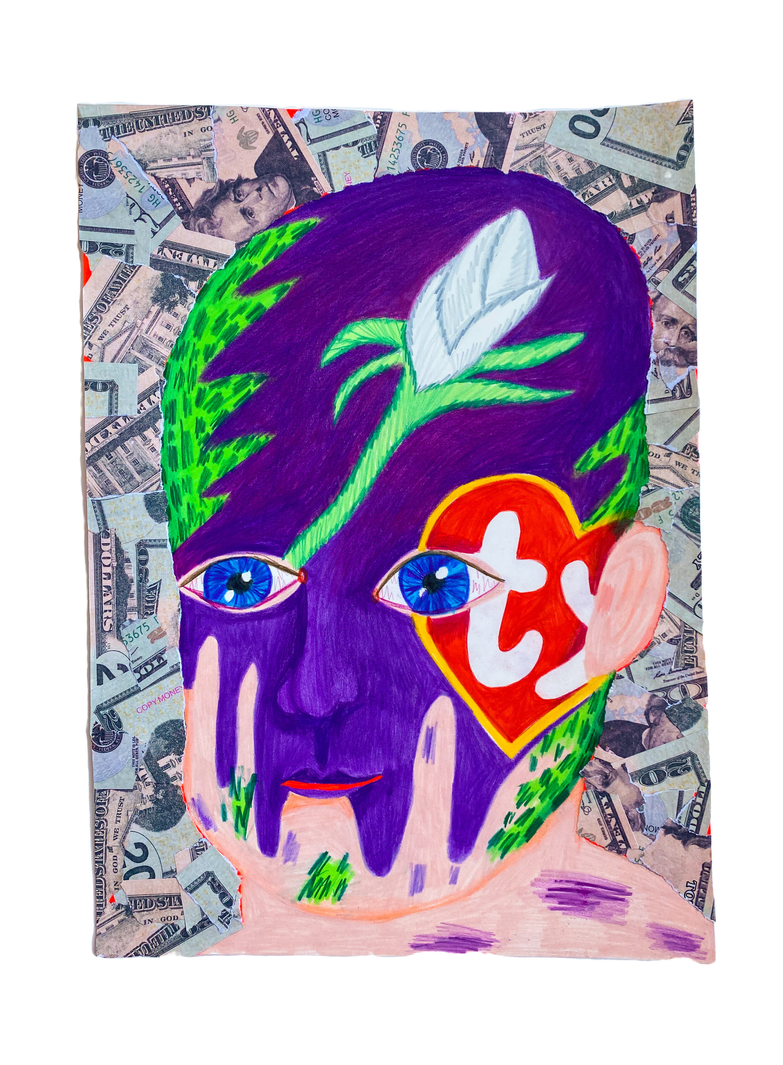  Princess Diana TY Beanie Baby Face Paint on Baby, 2020  14 x 10 inches (35.56 x 25.4 cm.)  Colored pencil, Modge Podge, acrylic paint, and fake money on paper  Private collection 