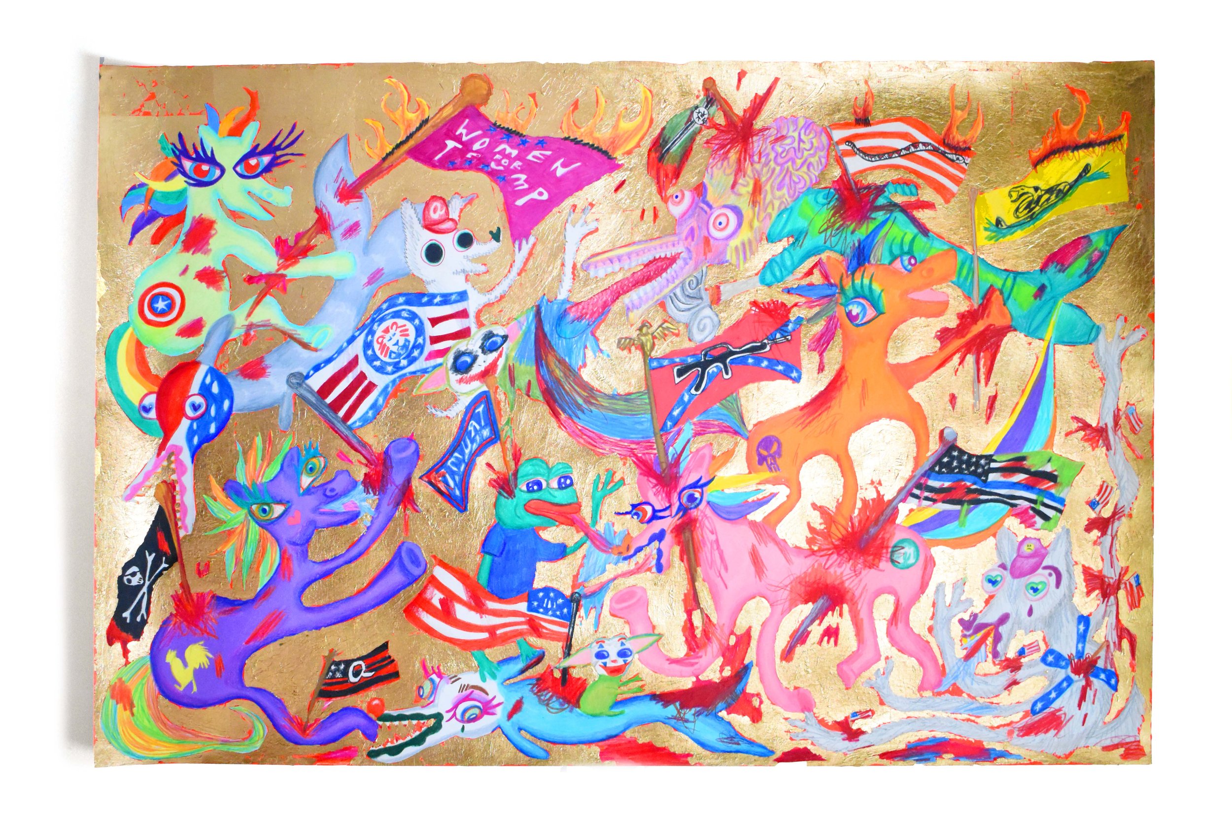   Stabbed by Flags,  2021  26 x 40 inches (66.04 x 101.6 cm.)  Colored pencil, acrylic paint, and gold leaf on paper 