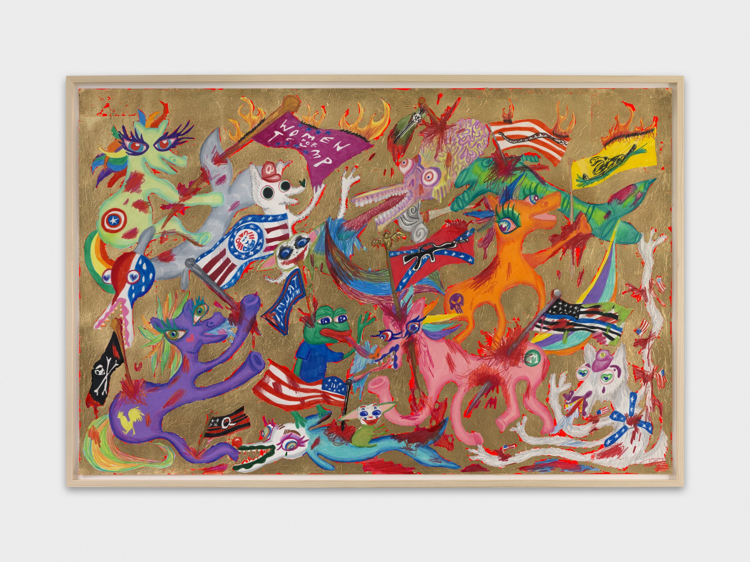   Stabbed by Flags , 2021  26 x 40 inches (66.04 x 101.6 cm)  Colored pencil, acrylic paint, and gold leaf on paper 