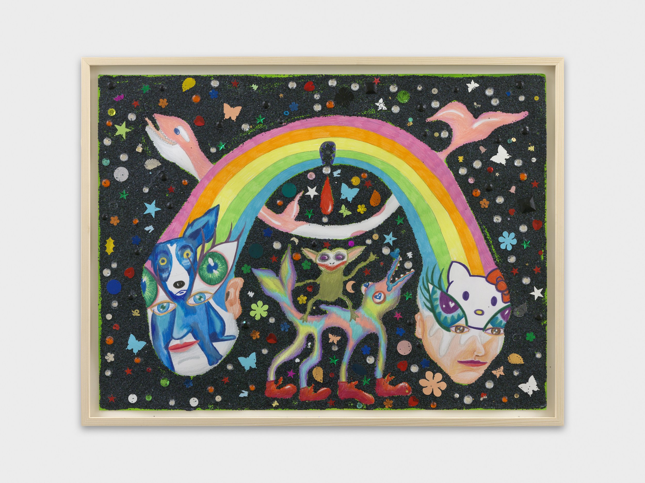   Indigo Children with Cat and Dog Face Paint , 2021  24 x 18 inches (60.96 x 45.72 cm.)  Colored pencil, acrylic paint, Elmer's glue, Modge Podge, sequins, plastic gems, and glitter on paper 