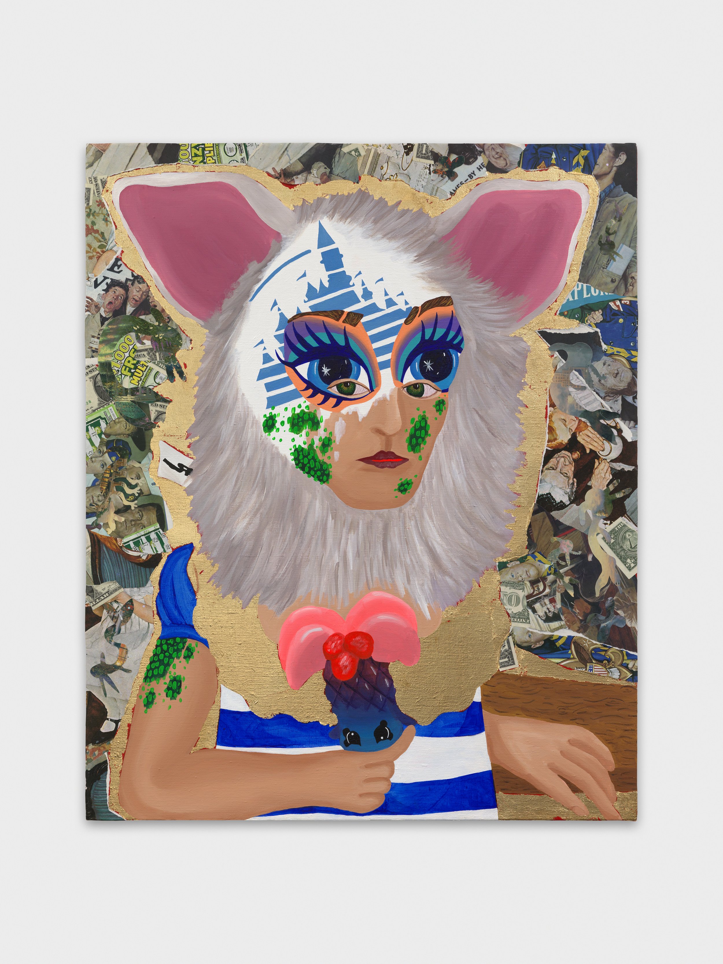  Furby/Girl with Disney Video Face Paint Holding a Shopkins Palm Tree with Little Saint James Themed Dress , 2021  33 x 27 x 1.5 inches (83.82 x 68.58 x 3.81 cm.)  Acrylic, gold leaf, dollar bills, lottery tickets and Norman Rockwell print, and Thom