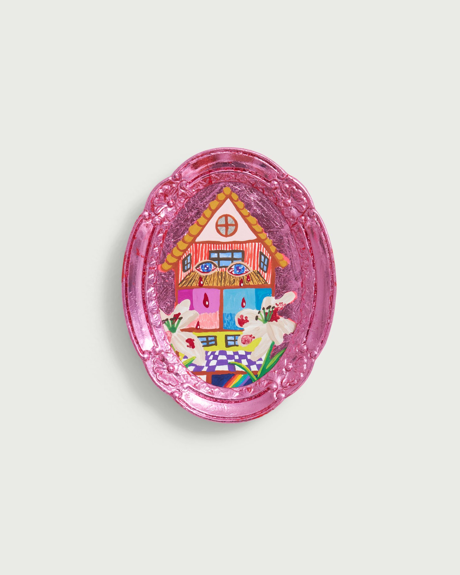   Anthropomorphic Dollhouse Annunciation , 2022  6 x 4.63 x .75 inches (15.24 x 11.76 x .75 cm.)  Gouache, acrylic paint and pink foil, on paper in found frame 