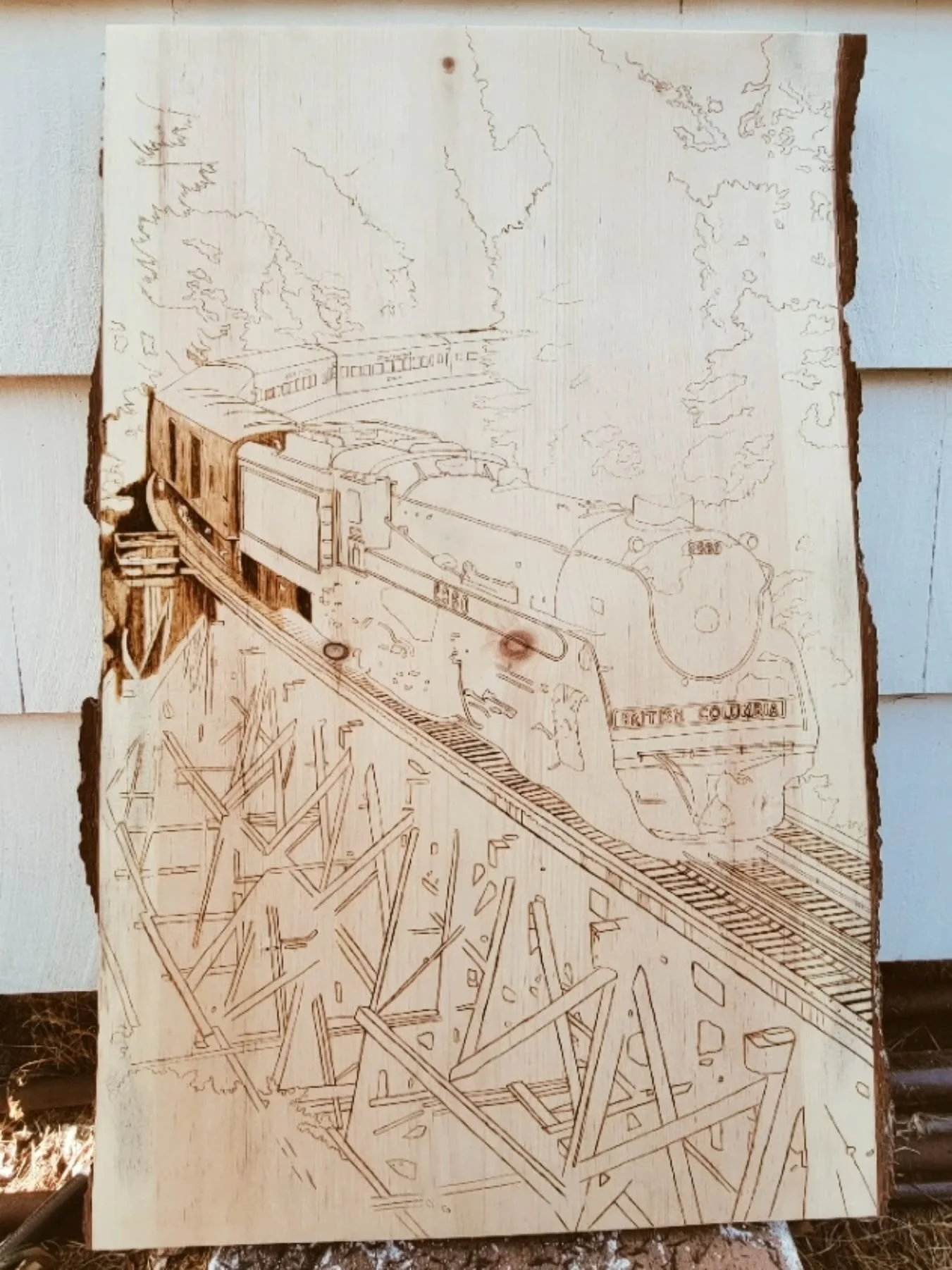 Happy New Year! Early process pic of a project from two summers ago! ☀️ 
.
.
.
#woodburning #pyrography #artcommission #train #woodcraft