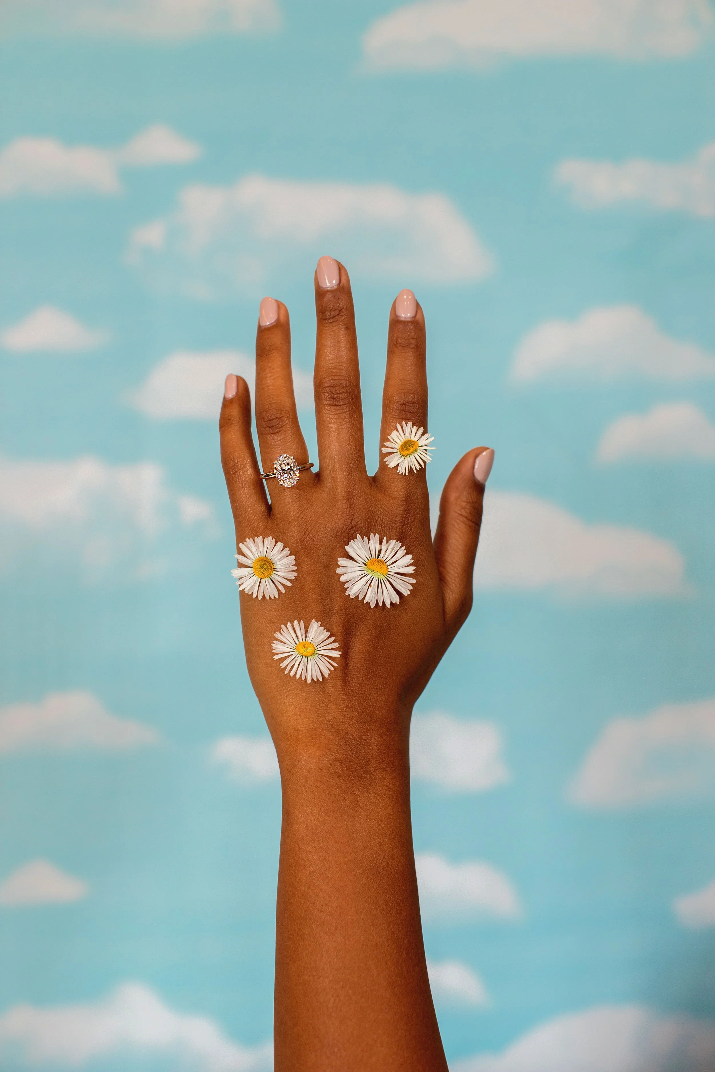Engagement Ring Photo. Dark skin hand wearing hand made 3 carrot diamond ring with daisies all over. Blue sky and clouds in background.