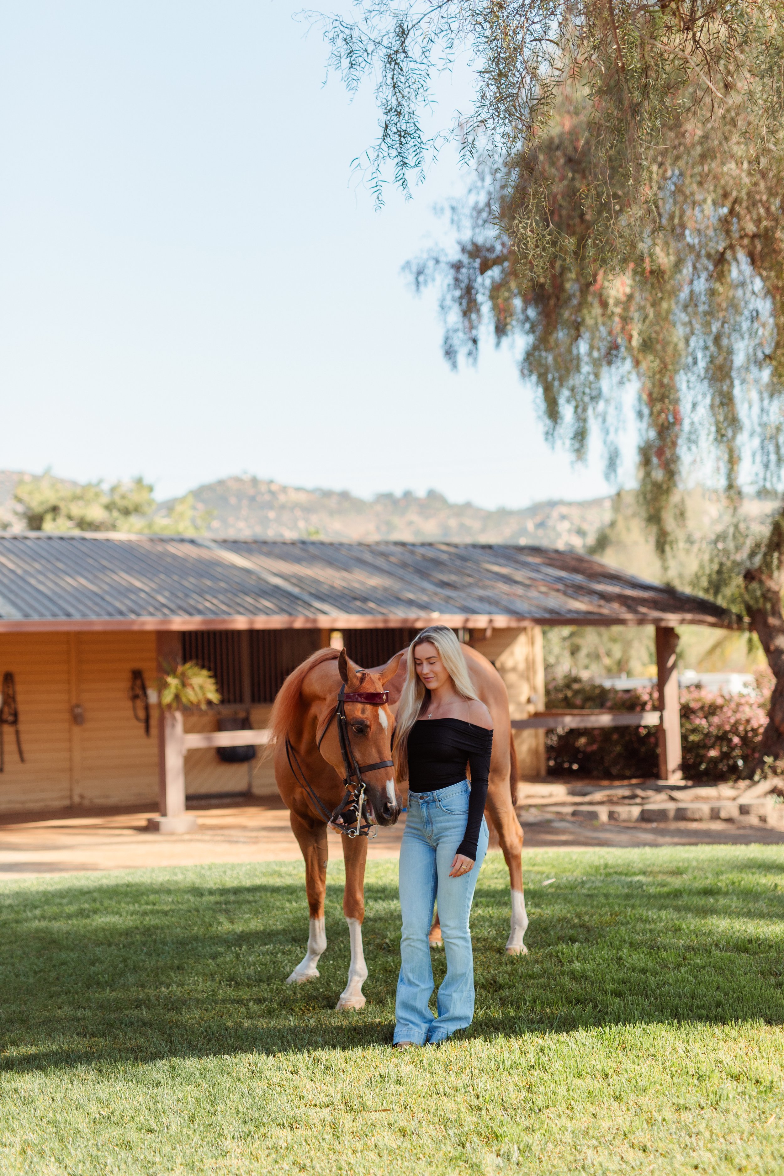 Newport Beach equestrian girl posing with her horse during a horse riding aesthetic lifestyle photoshoot in San Marcos, California. Equestrian lifestyle portrait featuring horse girl style, riding outfit, and natural golden light. Horse photography b