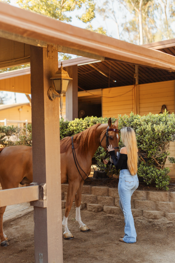 Equestrian lifestyle portrait of a Newport Beach horse rider styled in classic horse girl outfit and riding boots during a horse photoshoot in San Marcos, CA. Western-inspired horse photography aesthetic captured by Southern California lifestyle mark