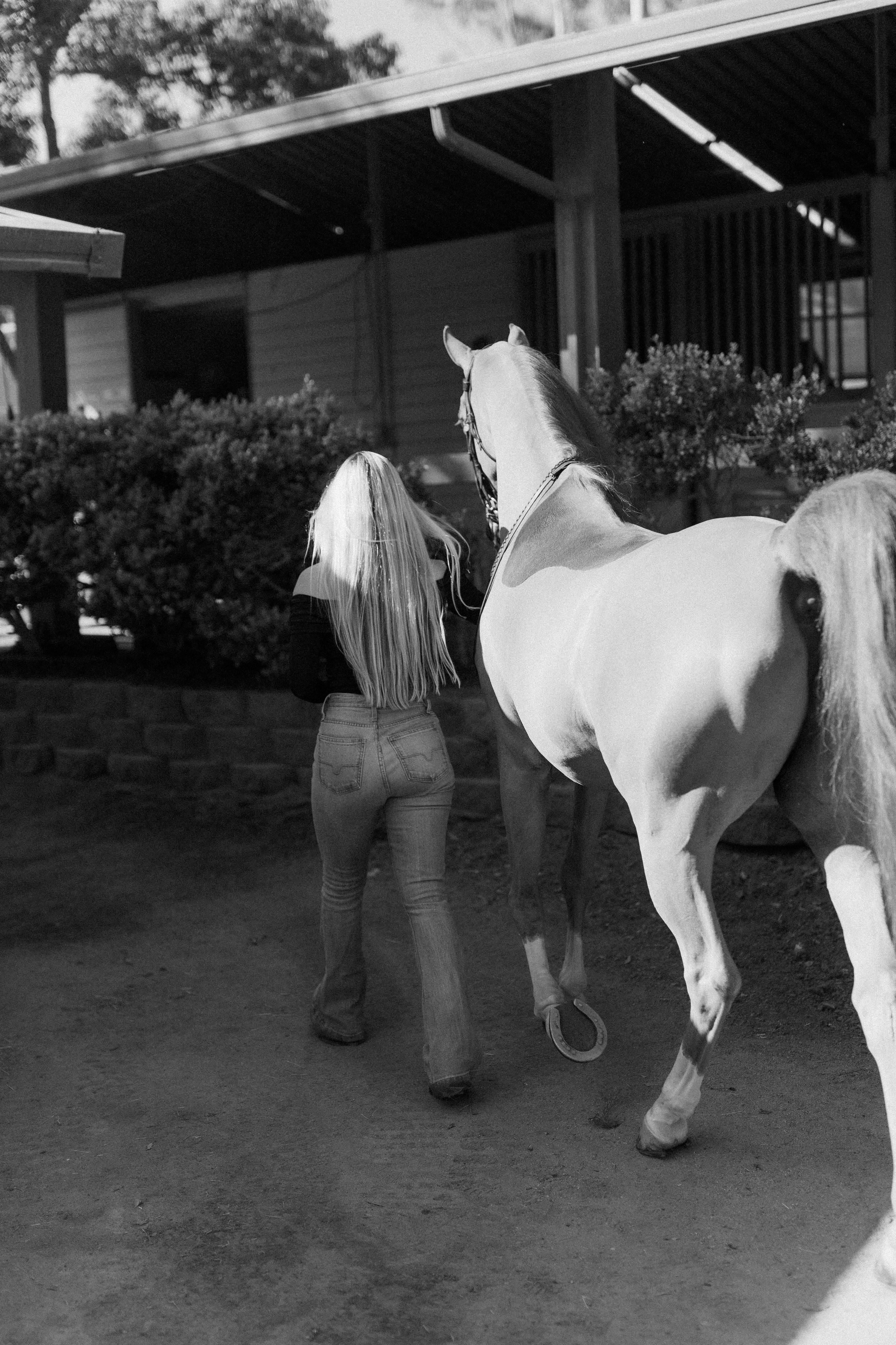 Equestrian lifestyle portrait of a Newport Beach horse rider styled in classic horse girl outfit and riding boots during a horse photoshoot in San Marcos, CA. Western-inspired horse photography aesthetic captured by Southern California lifestyle mark