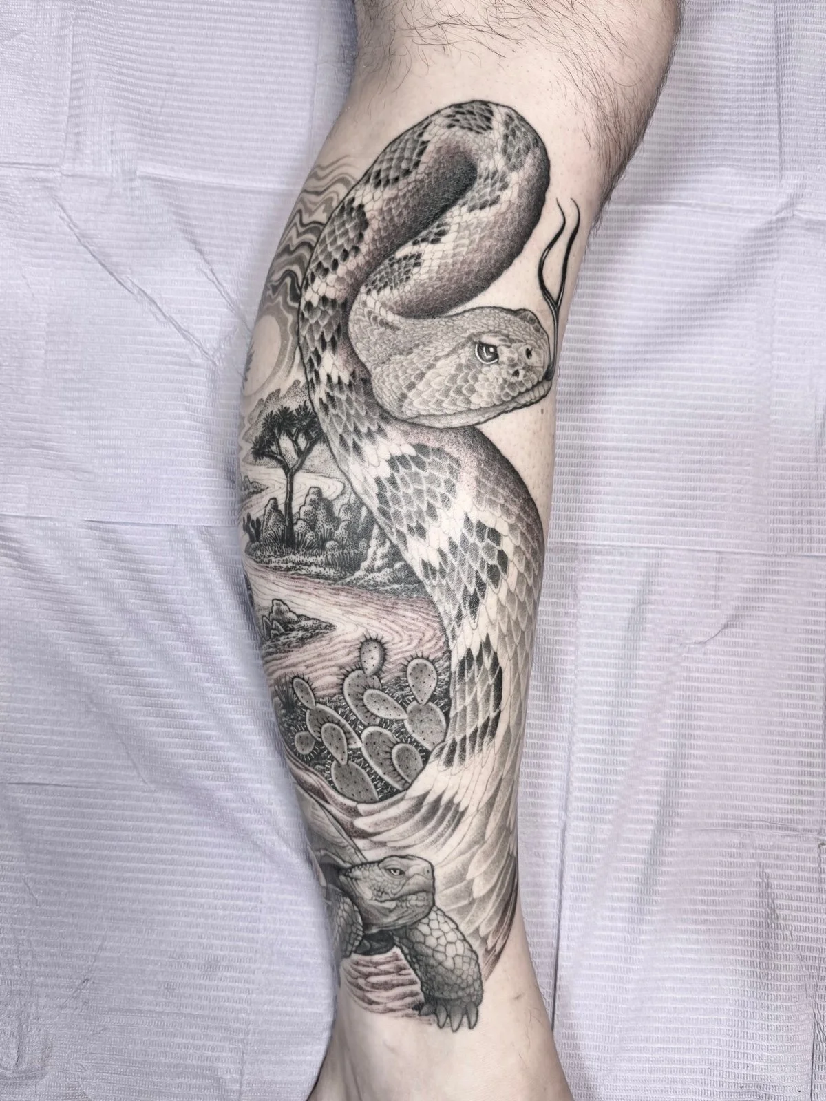 A fine line black and grey tattoo with a large rattlesnake surrealistically turning into a road winding through Joshua Tree national park, created by Seattle tattoo artist Eli Bischof.