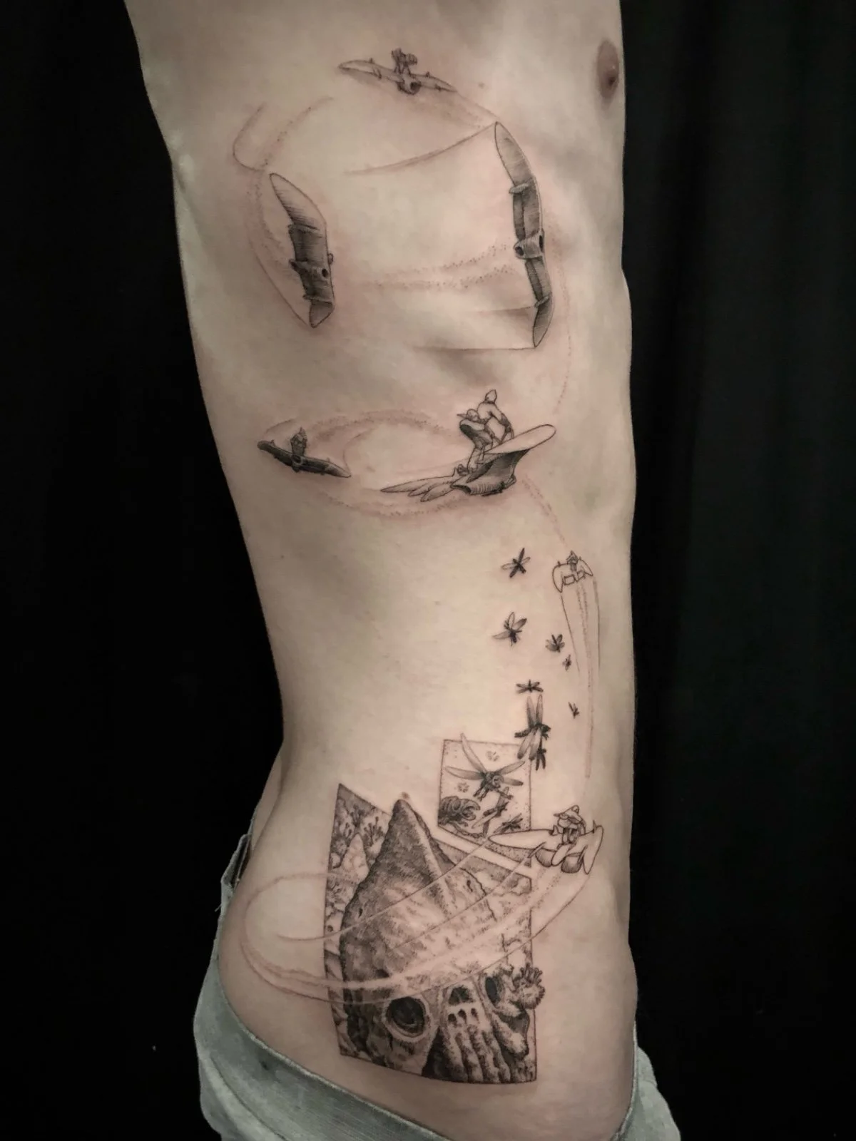 A fine line and black and grey tattoo of art from Nausicaä of the Valley of the Wind, created by Seattle tattoo artist Eli Bischof.