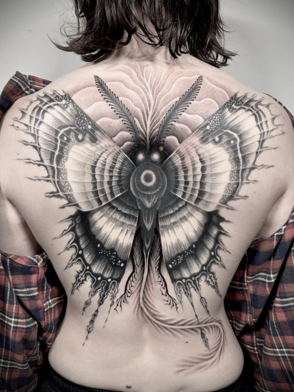A black work and stipple shaded back piecce tattoo of a surrealist moth creature, inspired by the Slake Moth from Perdido Street Station by China Miéville, created by Seattle tattoo artist Eli Bischof.
