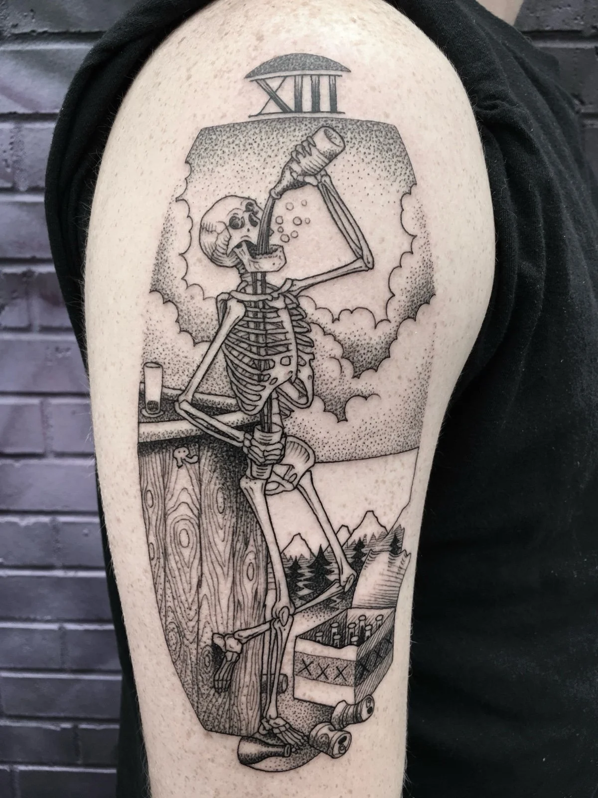Fine line black and grey skeleton drinking beer, with beer pouring through ribcage into another glass, created by Seattle tattoo artist Eli Bischof.