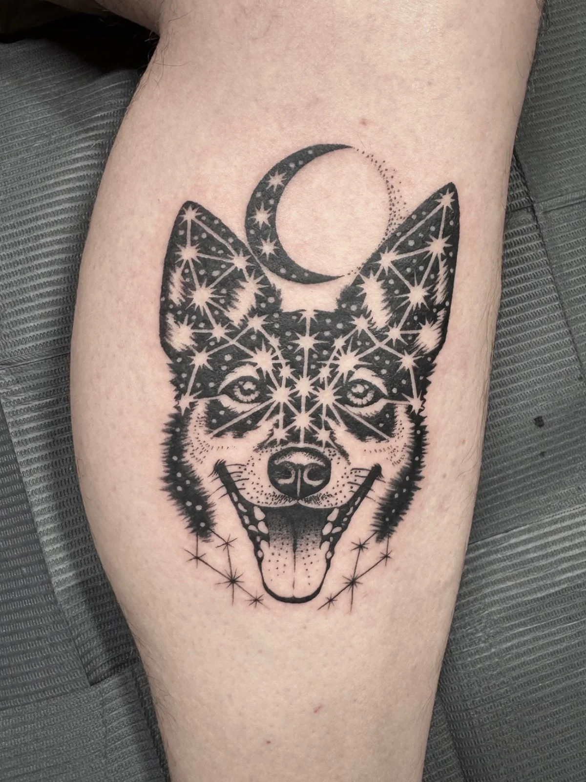 A black and grey black work pet portrait tattoo of a dog with constellations, stars, and moon imagery, created by Seattle tattoo artist Eli Bischof.
