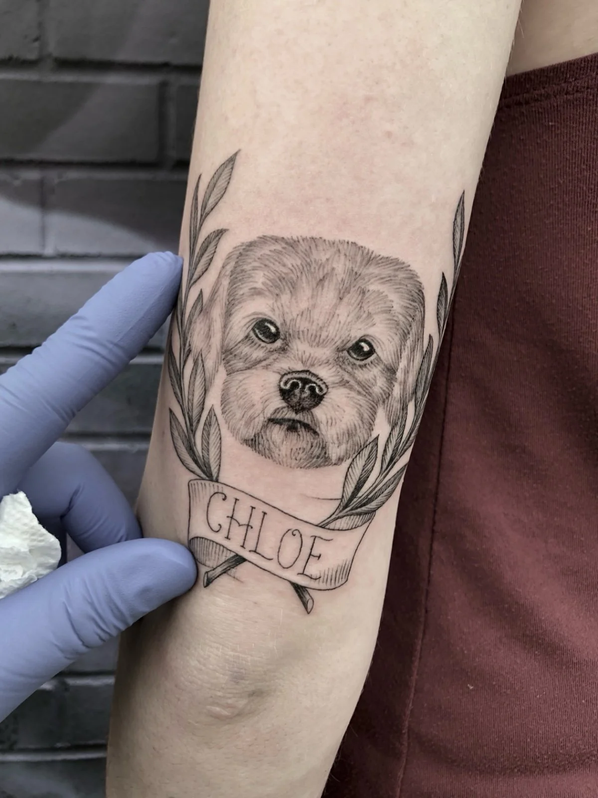 Fine line and black and grey pet portrait tattoo of a white dog with leaves and a banner with the dog's name, created by Seattle tattoo artist Eli Bischof.