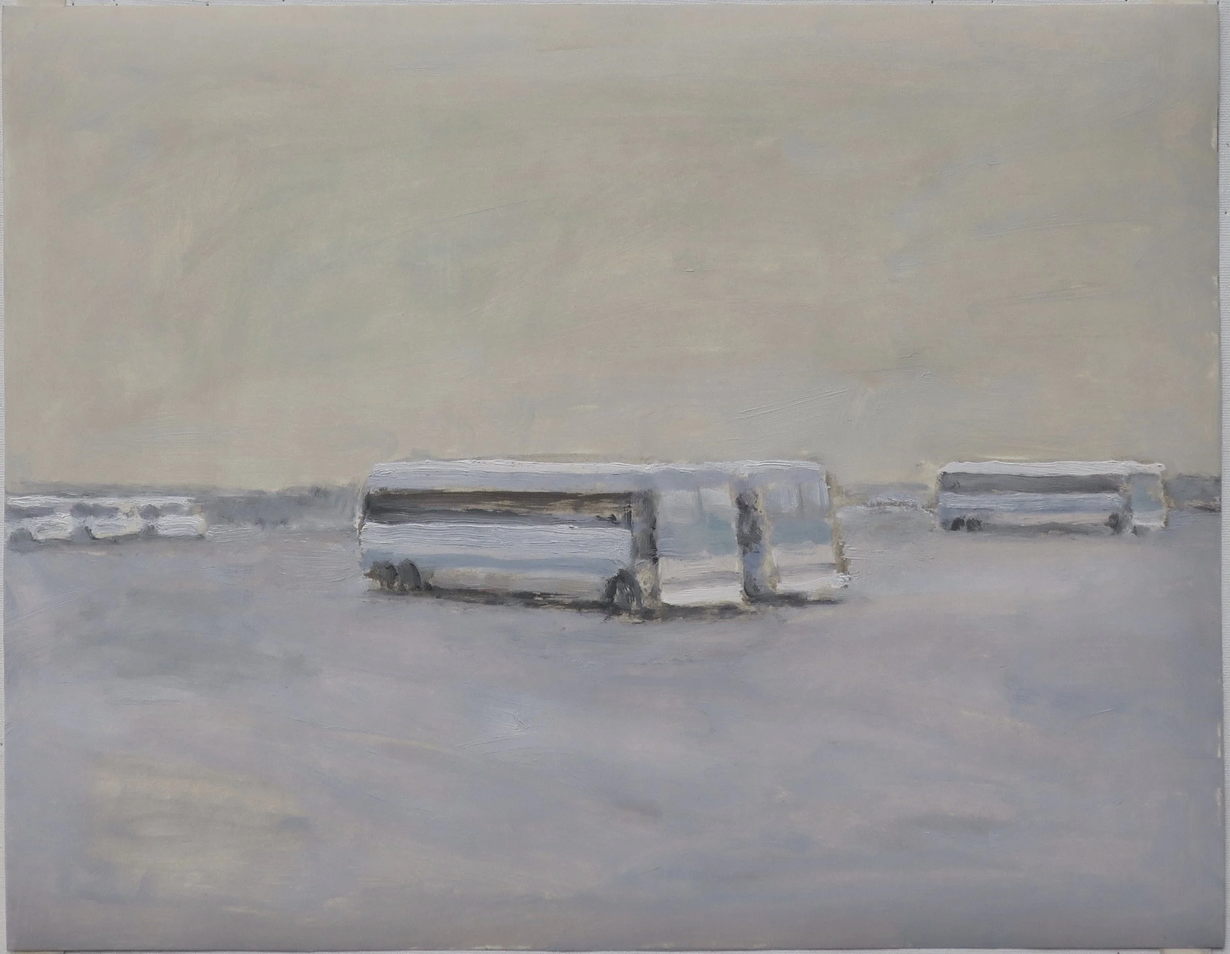 Buses, Adelanto ICE processing facility, 2025, oil and shellac on paper, 14 x 18 in