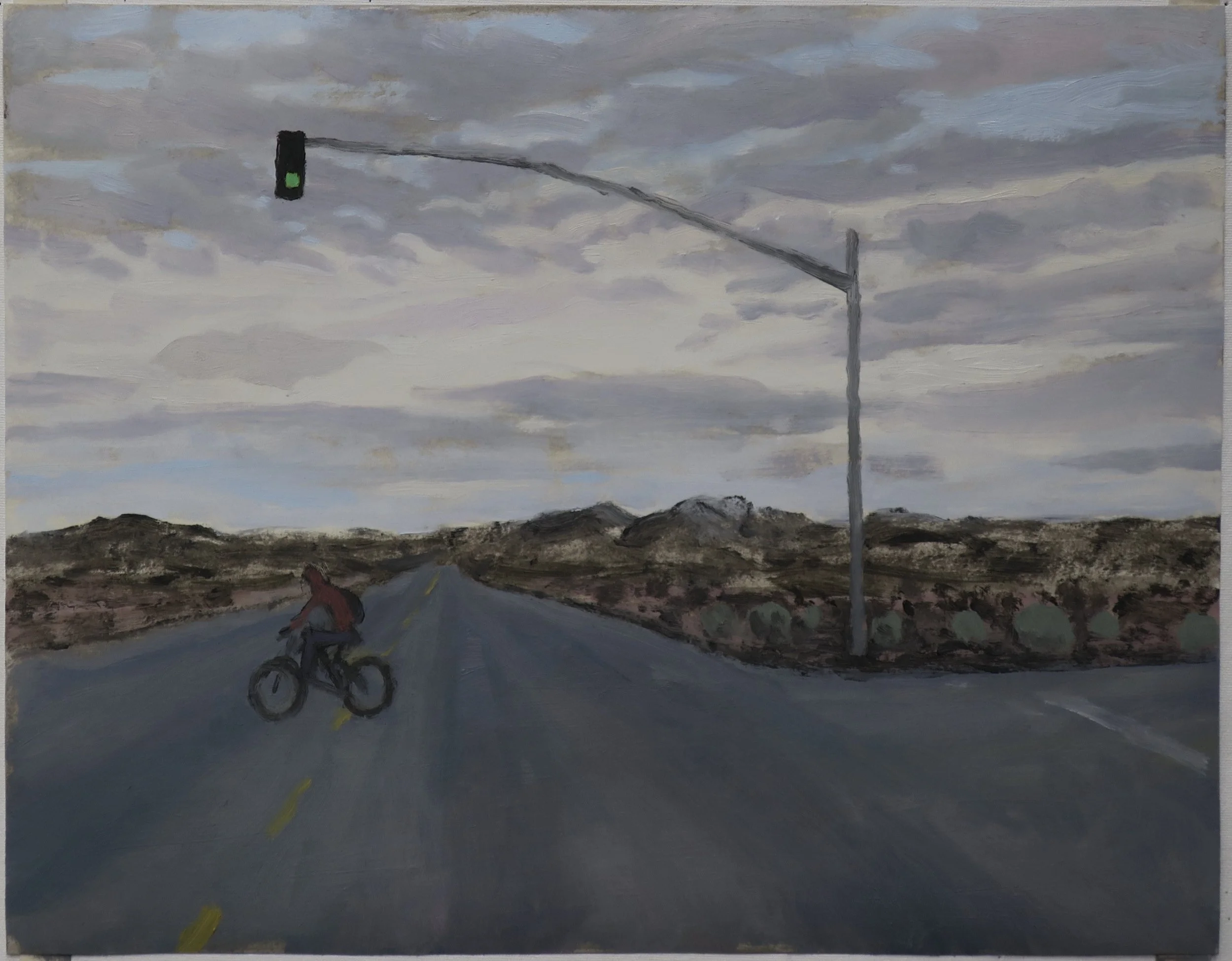Man riding bicycle on the road to the California City ICE Detention Facility, 2026, oil and shellac on paper, 14 x 18 in