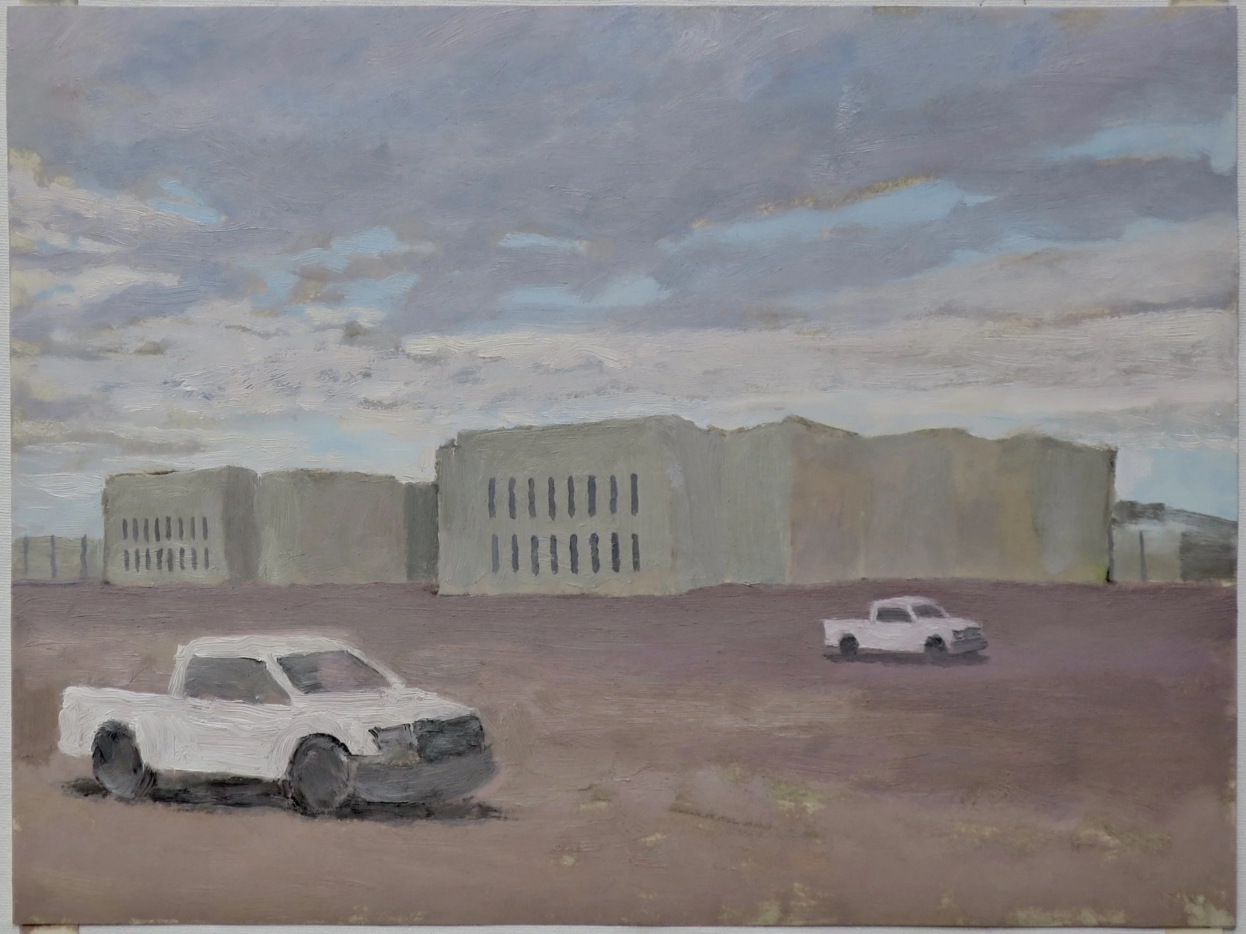 ICE processing facility, formerly California City Correctional Facility, 2026, oil and shellac on paper, 12 x 16 in