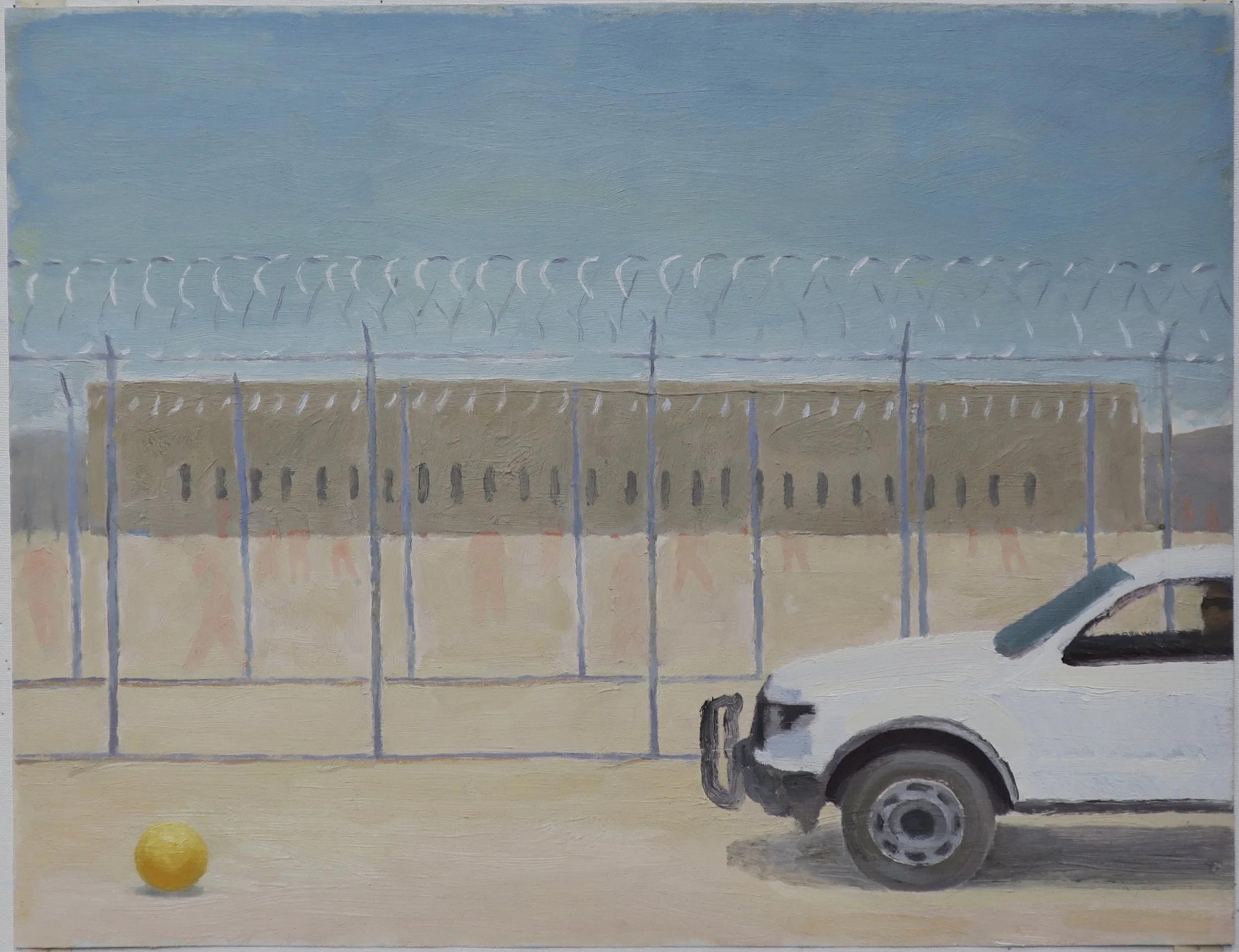 Yellow ball outside perimeter fence, Adelanto ICE processing facility, 2026, oil and shellac on paper, 14 x 18 in