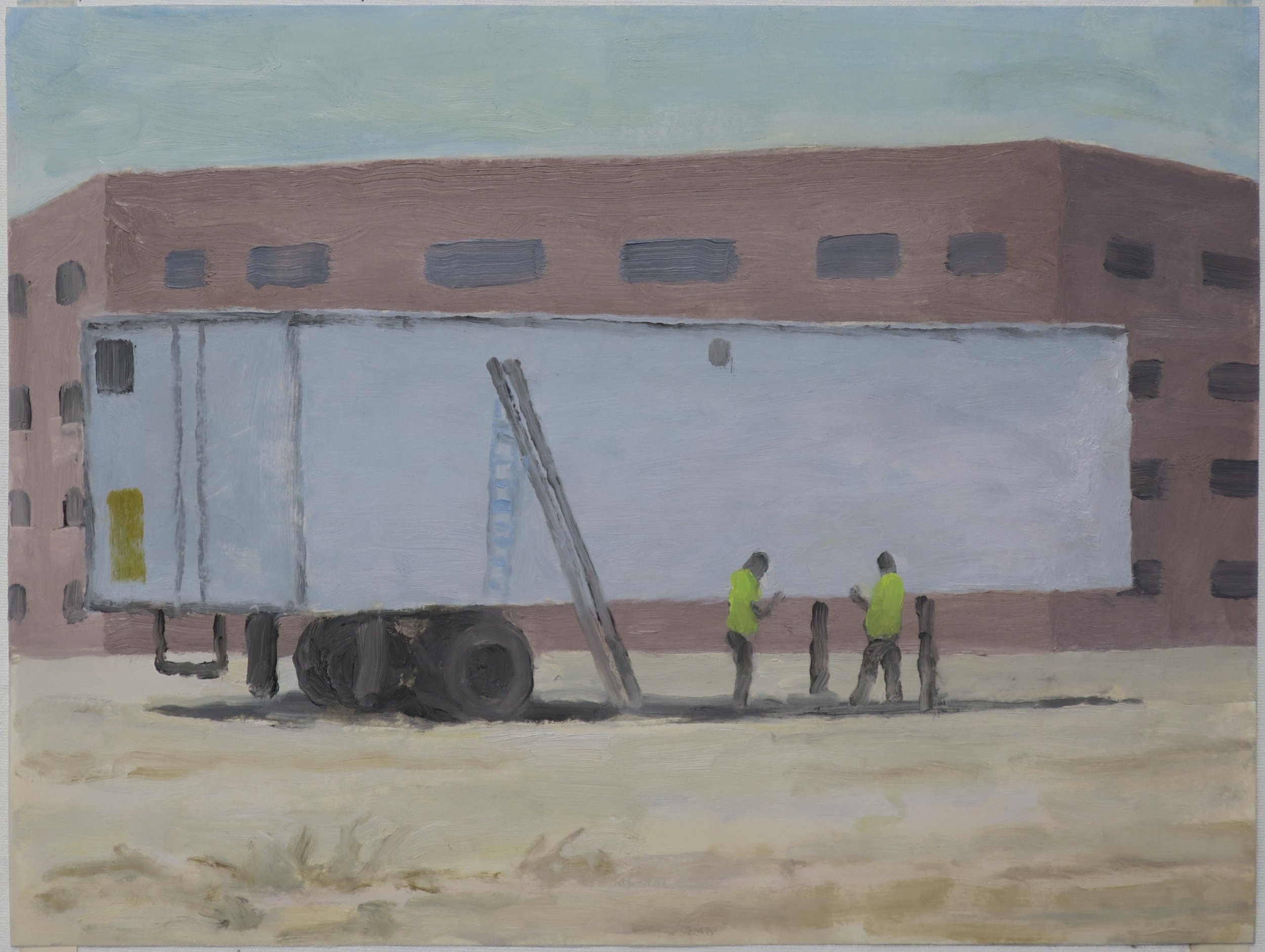 Workers taking a break, High Desert Detention Facility, Adelanto, California, 2025, oil and shellac on paper, 12 x 16 in