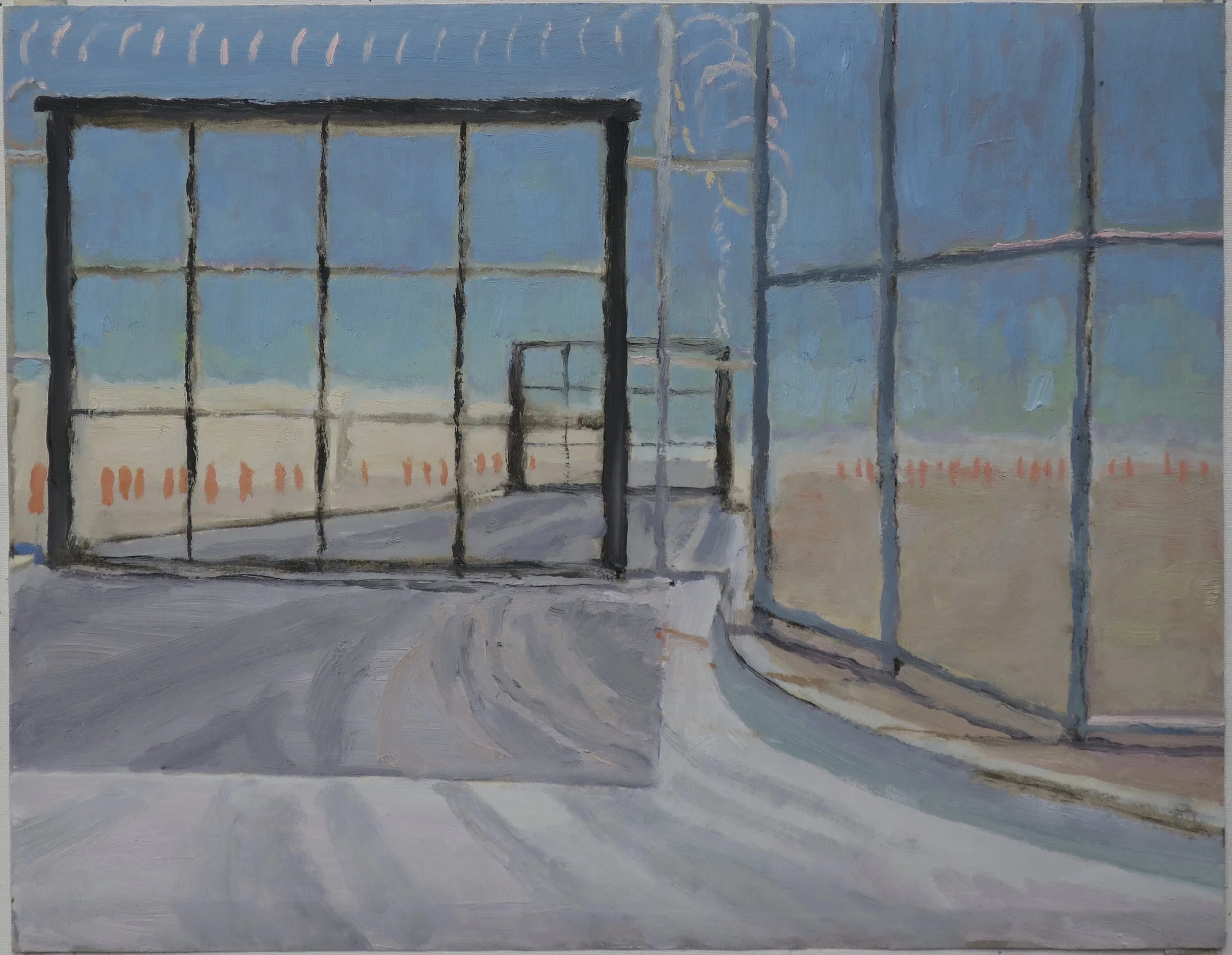 Receiving gate, High Desert Detention Facility, Adelanto, California, 2026, oil and shellac on paper, 14 x 18 in