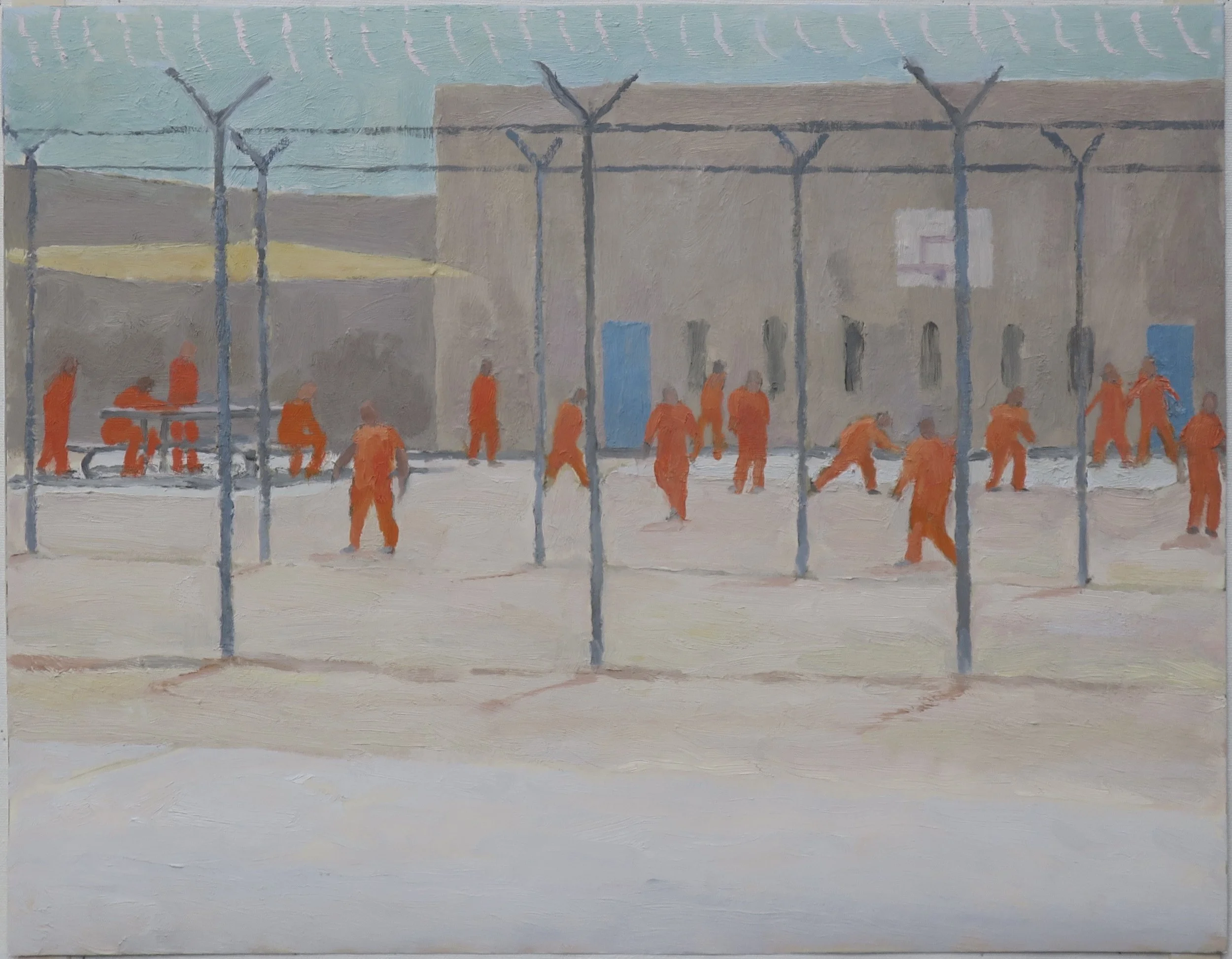 Detained men in exercise yard, Adelanto ICE processing facility, 2025, oil and shellac on paper, 14 x 18 in