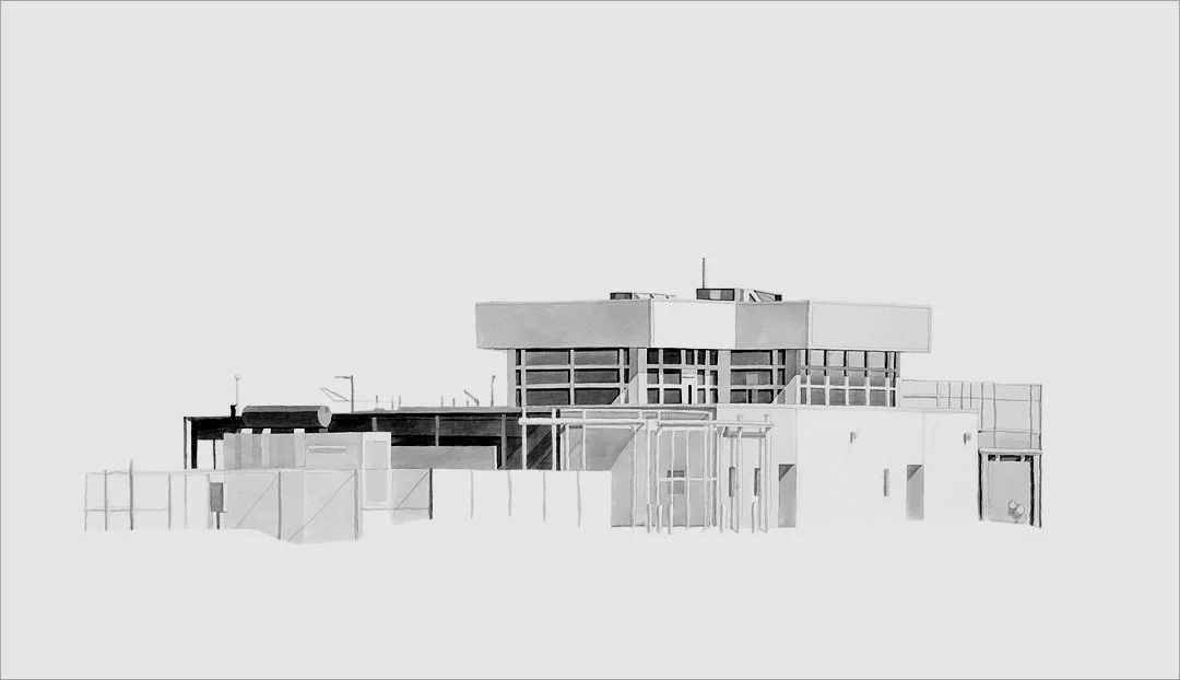 Gatehouse, Two Rivers Correctional Institution, Umatilla, Oregon, 
2008, ink and pencil on paper, 30 x 52 in
