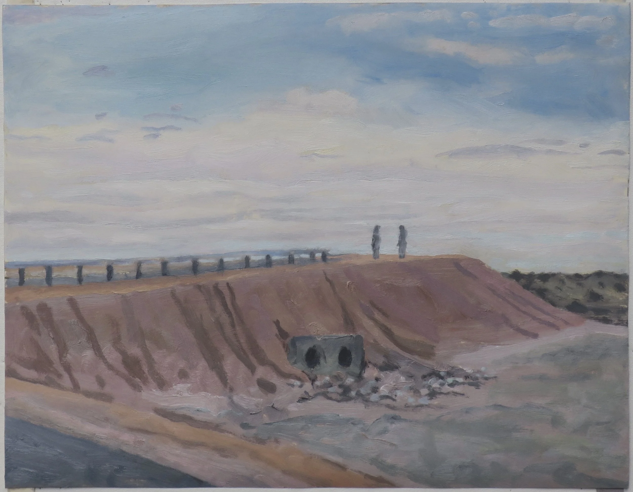 Two figures with culvert, California City ICE Detention Facility, 2026, oil and shellac on paper, 14 x 18 in