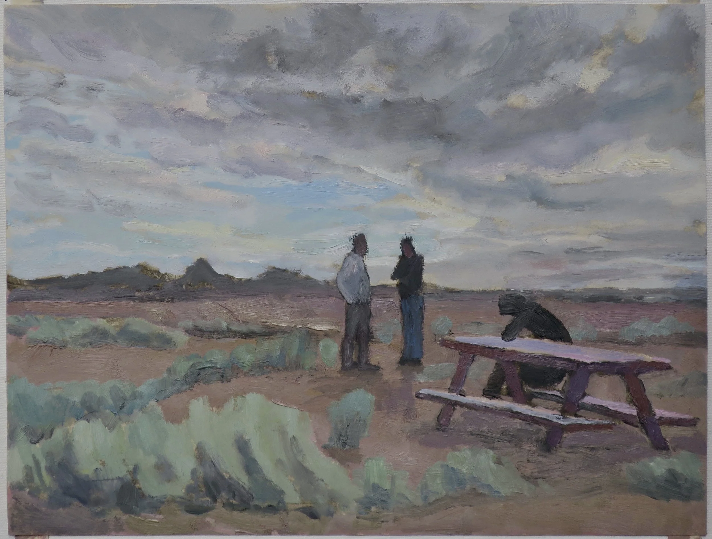 Visitation waiting area, California City ICE Detention Facility, 2026, oil and shellac on paper, 12 x 16 in