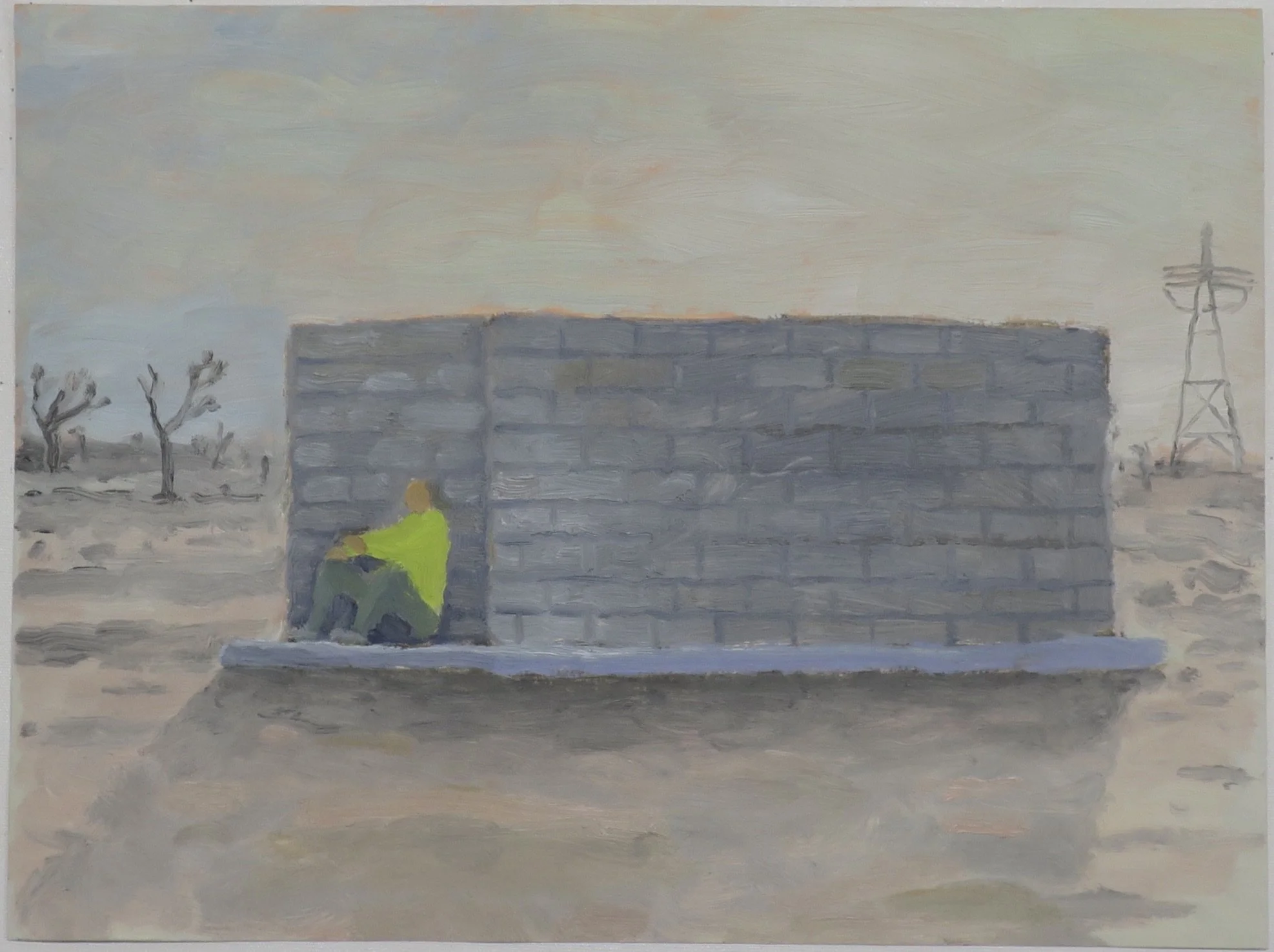 Workers taking a break, High Desert Detention Facility, Adelanto, California, 2025, oil and shellac paper, 12 x 16 in