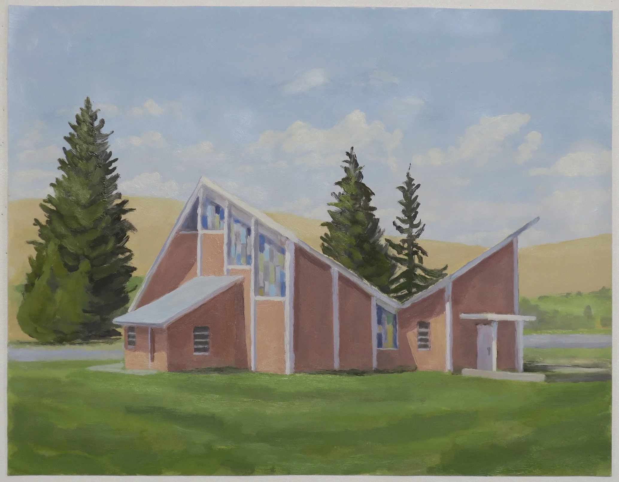 Church near the edge of town, 2025, oil and shellac on paper, 14 x 18 in