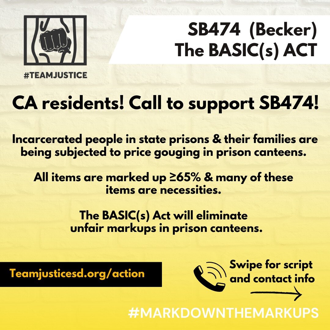 Price gouging is an unfair burden for incarcerated people and their families! 
#markdownthemarkups #SB474 #CALeg #basicsact #statelegislation #teamjusticesd