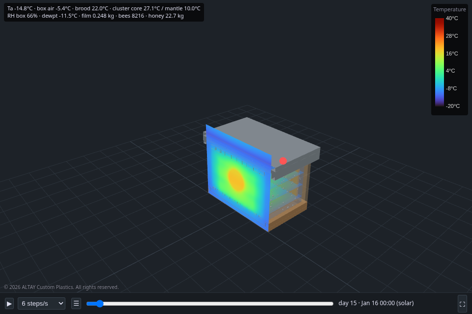 Cross-section from the ALTAY hive simulator showing the warm winter cluster core inside a cold hive box in January