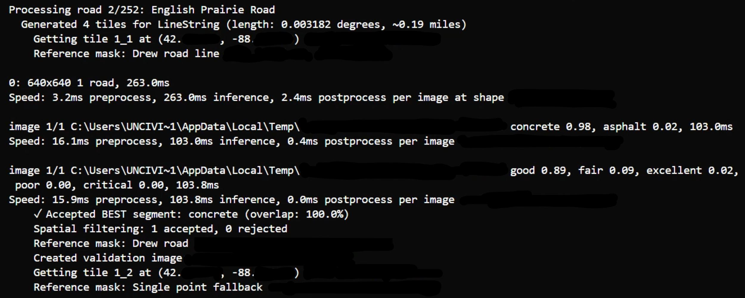 Terminal output example of the road condtion assessment