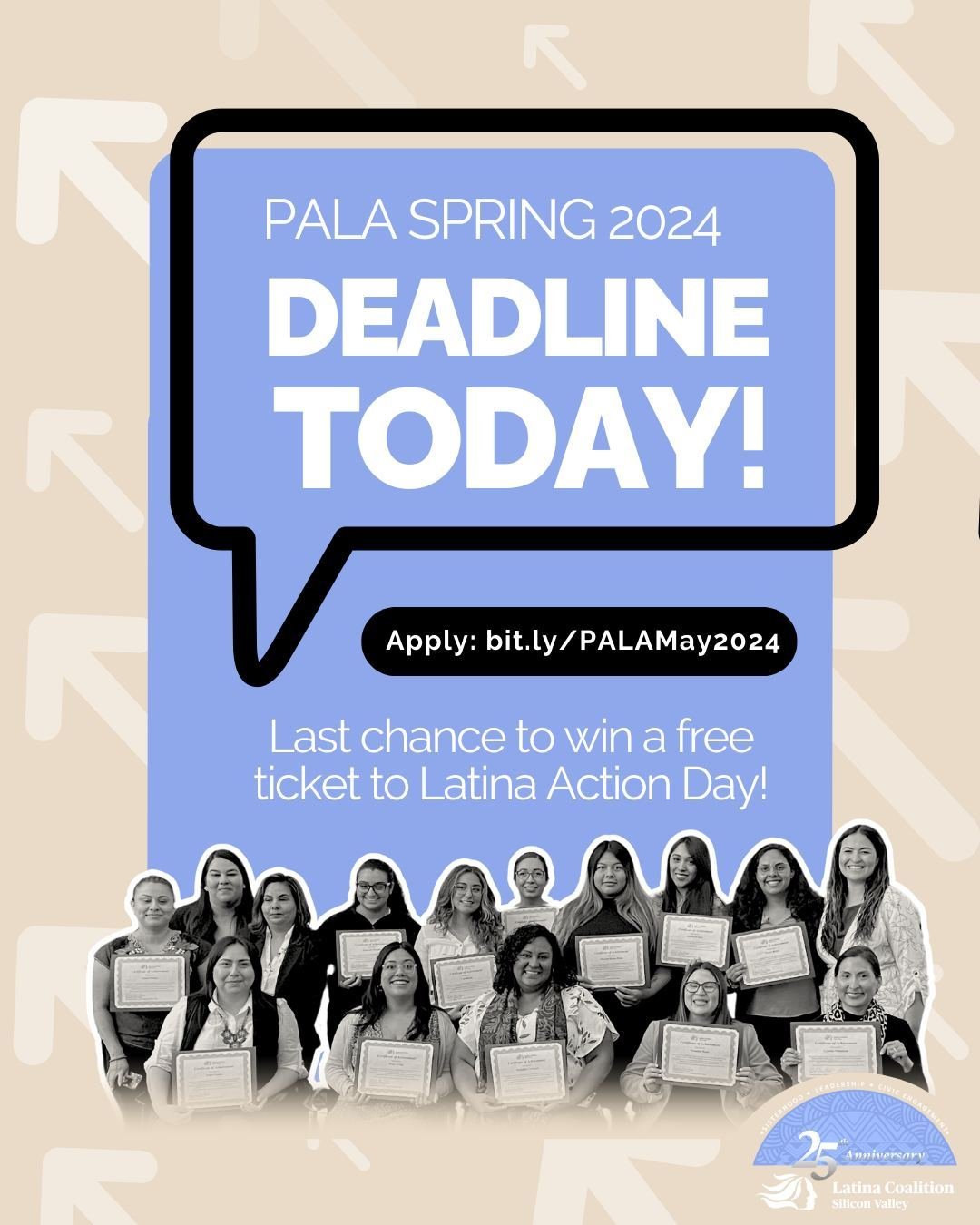 ⏳ PALA applications close TONIGHT at 11:59 PM! 

🎟️ This is your last chance to be entered to win a FREE ticket to Latina Action Day! 

👉 Use the link in bio to apply

#PALA #LCSV #LatinaCoalitionSV