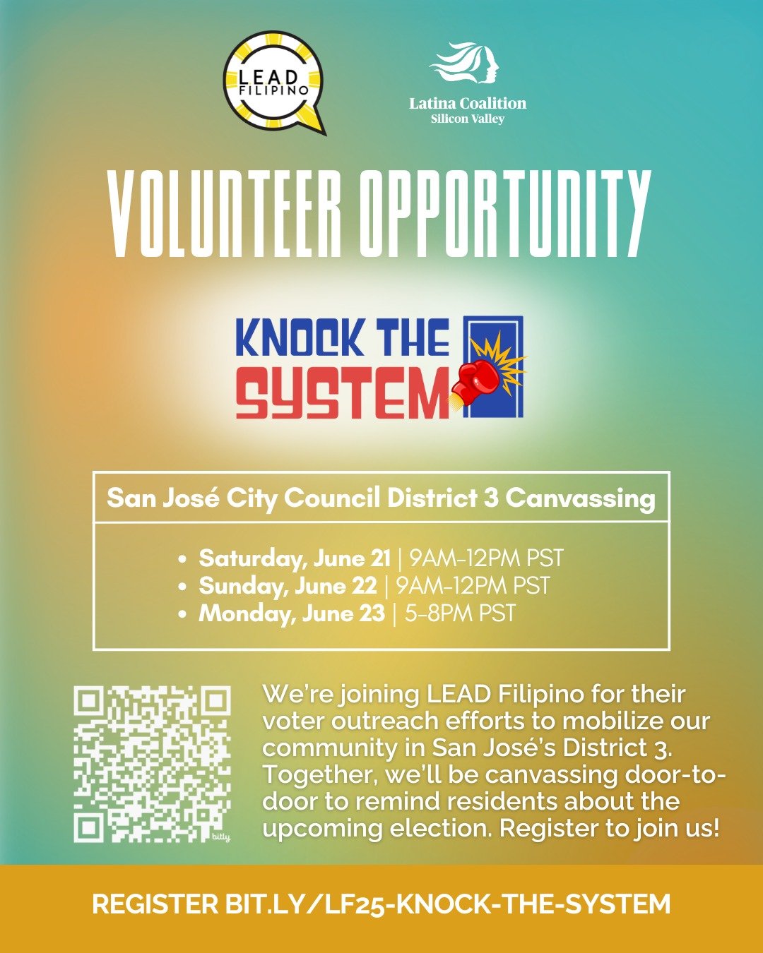 We&rsquo;re teaming up with LEAD Filipino for their voter outreach program to help mobilize our community in San Jos&eacute;&rsquo;s District 3. Together, we&rsquo;ll be canvassing door-to-door to remind residents about the importance of voting and m