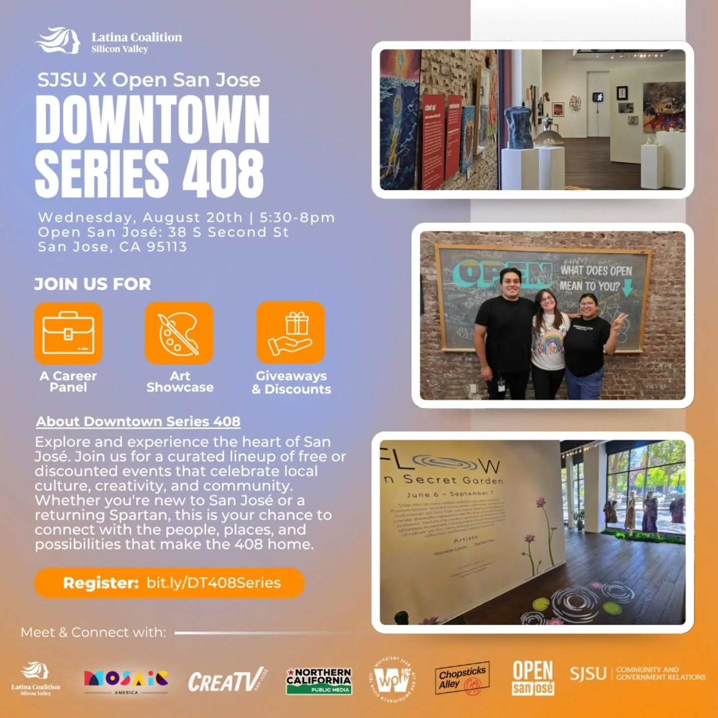 We're excited to welcome you to the heart of San Jos&eacute; for an evening of culture, connection, and comunidad. As part of the Downtown San Jos&eacute; 408 Series, we&rsquo;re teaming up with our fellow anchor partners at Open San Jos&eacute; &mda
