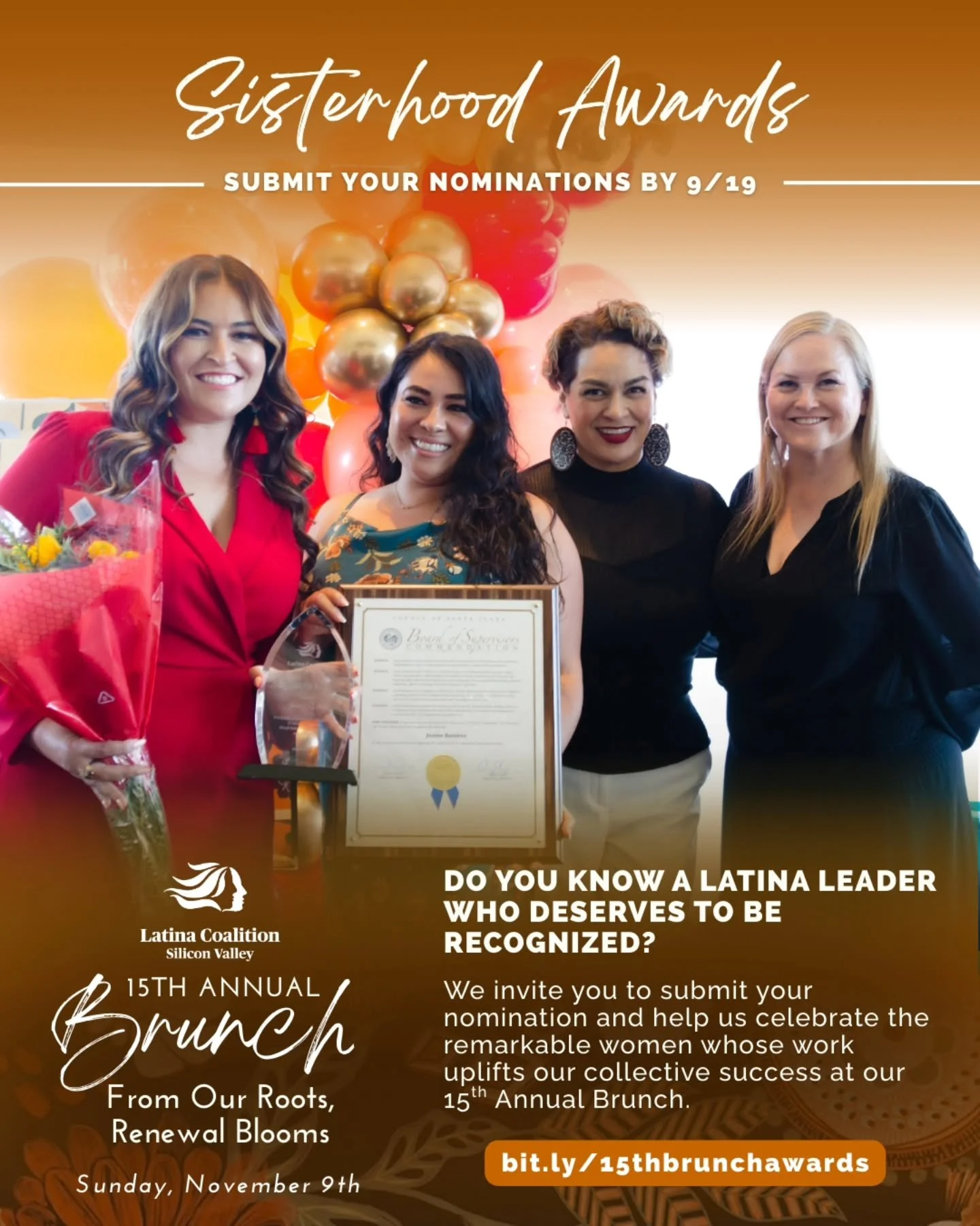 📣 Nominations Are Open!
Each year, the Sisterhood Awards recognizes Latinas leading the way in leadership, civic engagement, and sisterhood.

It&rsquo;s time to celebrate the mujeres that inspire us!
Join us as we honor this year&rsquo;s awardees at