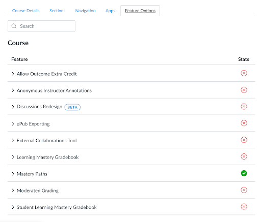 An image of the course features available in an LMS and whether or not they are active.