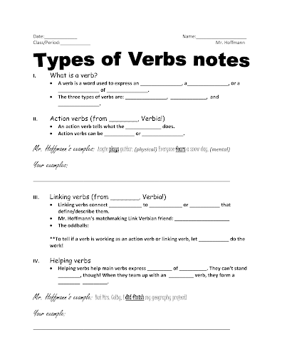 A screenshot of one educator's guided notes. The page is titled "Types of Verbs Notes"